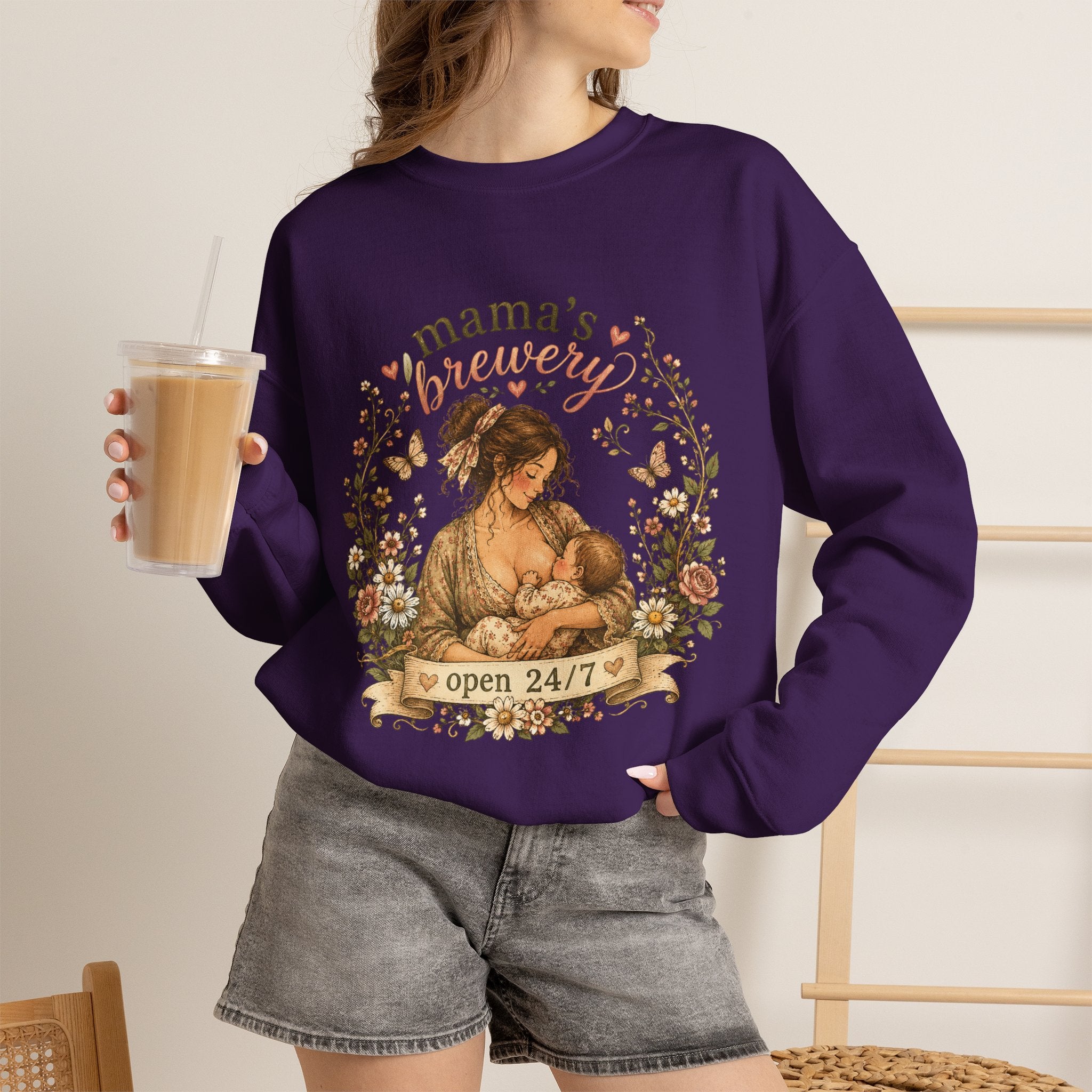 Mama's Brewery Open 24/7 Floral Cottagecore Sweatshirt — Lactating Moms Crewneck