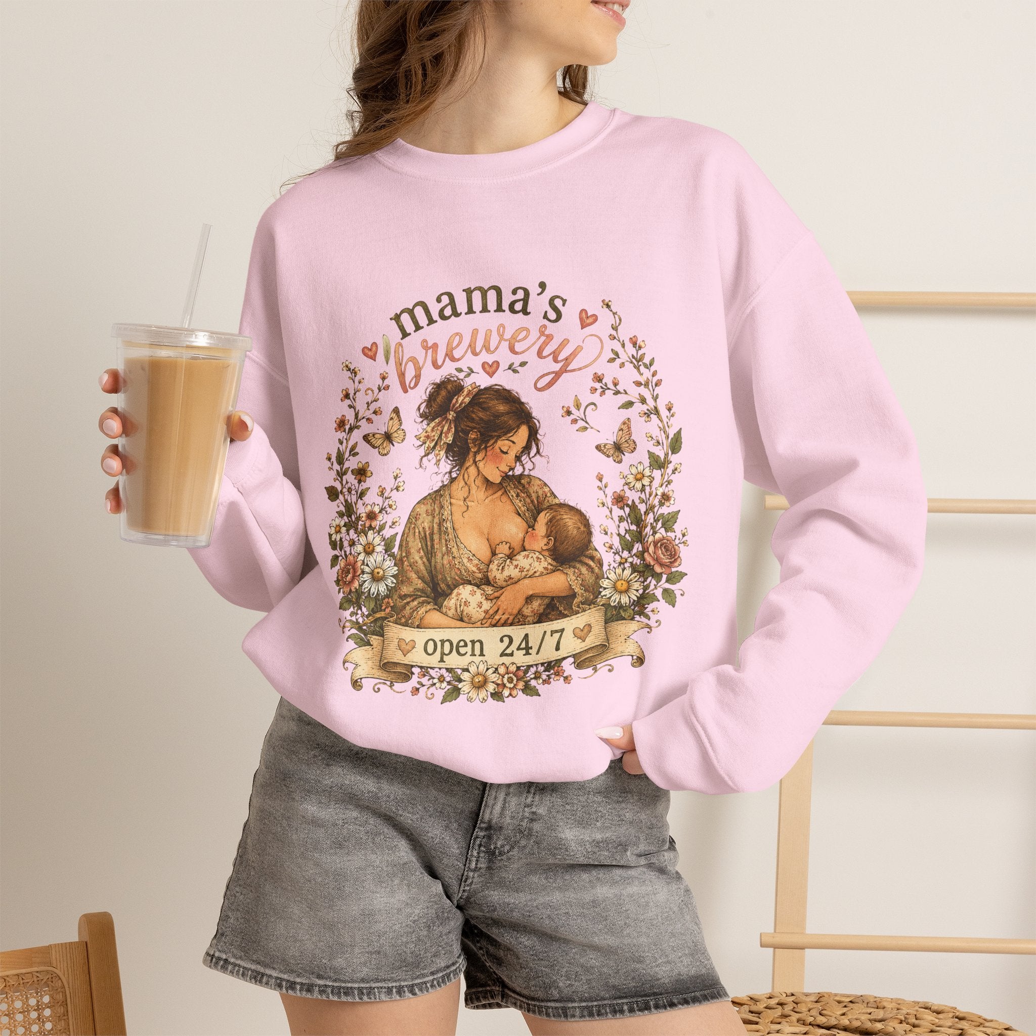Mama's Brewery Open 24/7 Floral Cottagecore Sweatshirt — Lactating Moms Crewneck