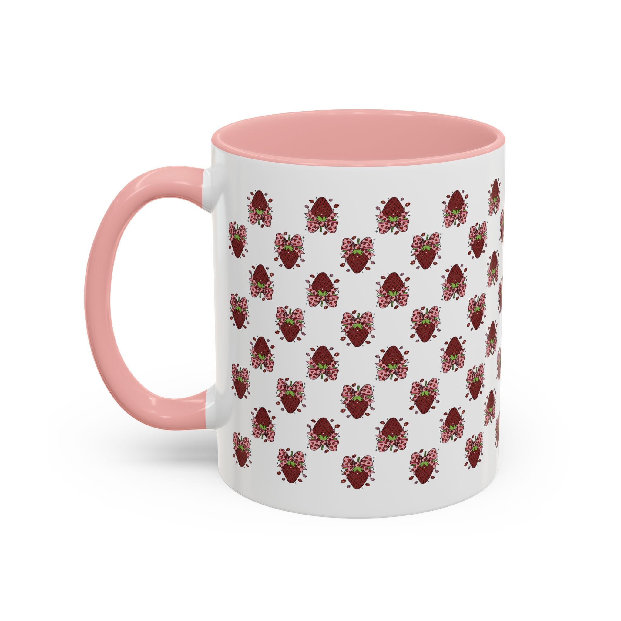 Strawberry Kiss Accent Coffee Mug — Cute Strawberry with Bow & Kiss Lips (11oz)