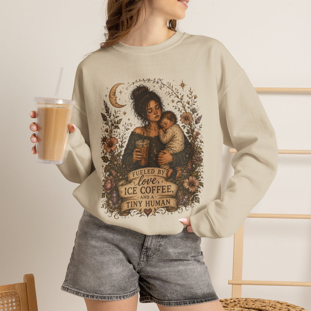 Motherhood Crewneck Sweatshirt — "Fueled by Love, Iced Coffee & a Tiny Human" Vintage Floral