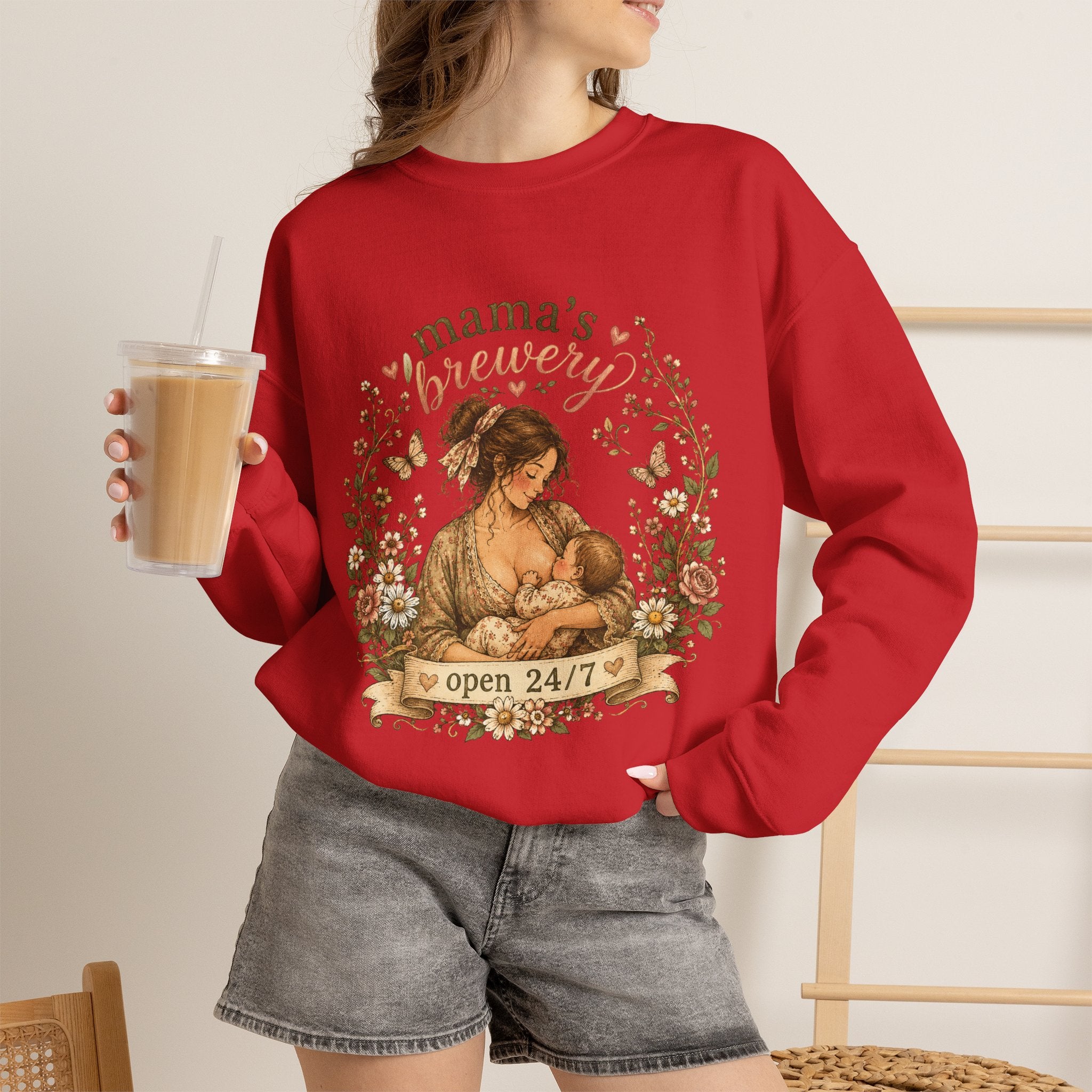 Mama's Brewery Open 24/7 Floral Cottagecore Sweatshirt — Lactating Moms Crewneck