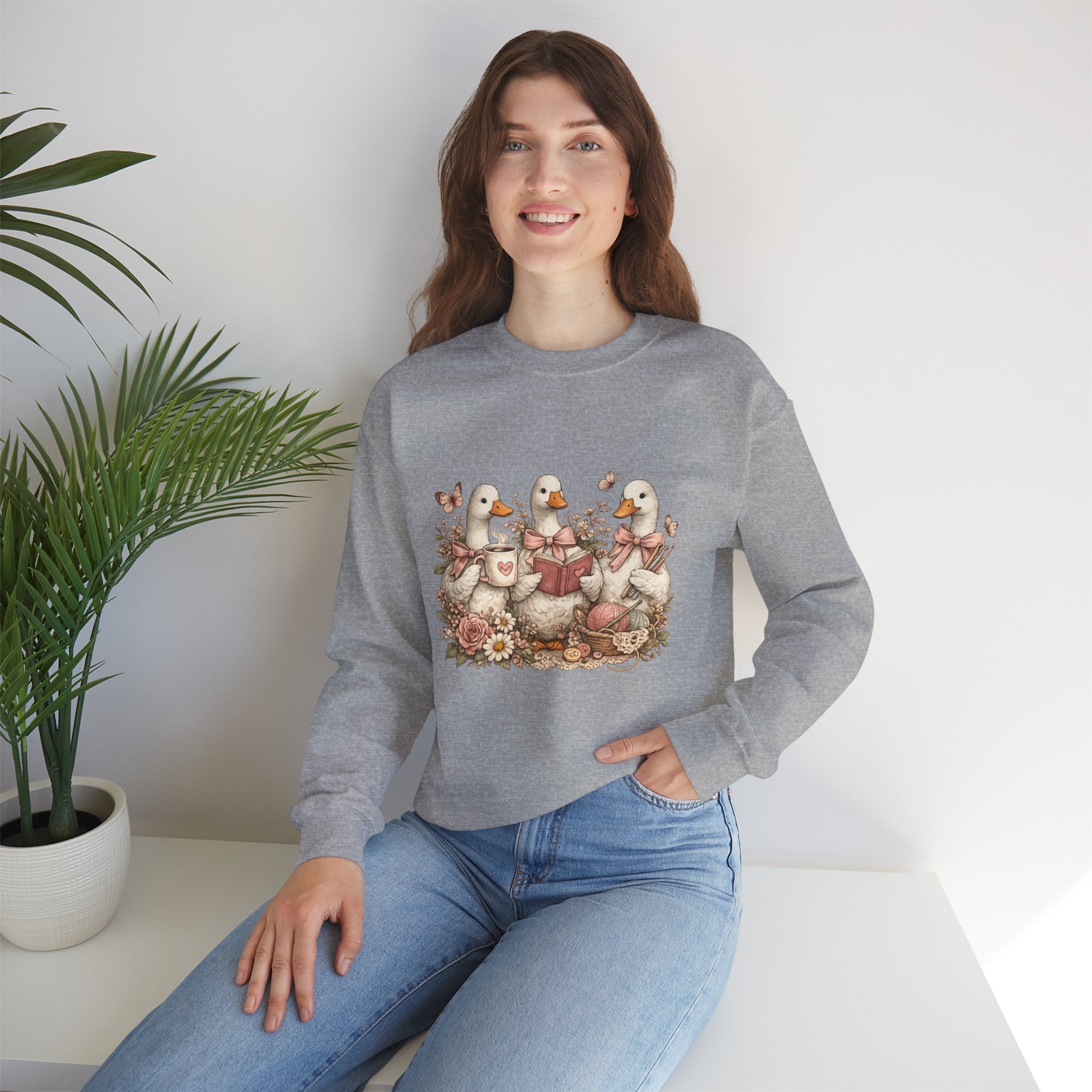 Vintage Geese Crewneck Sweatshirt — Books, Coffee & Crochet Cozy Design