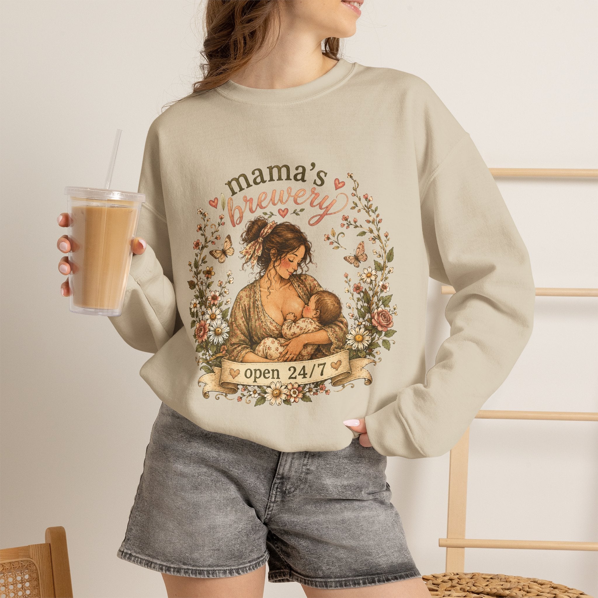 Mama's Brewery Open 24/7 Floral Cottagecore Sweatshirt — Lactating Moms Crewneck