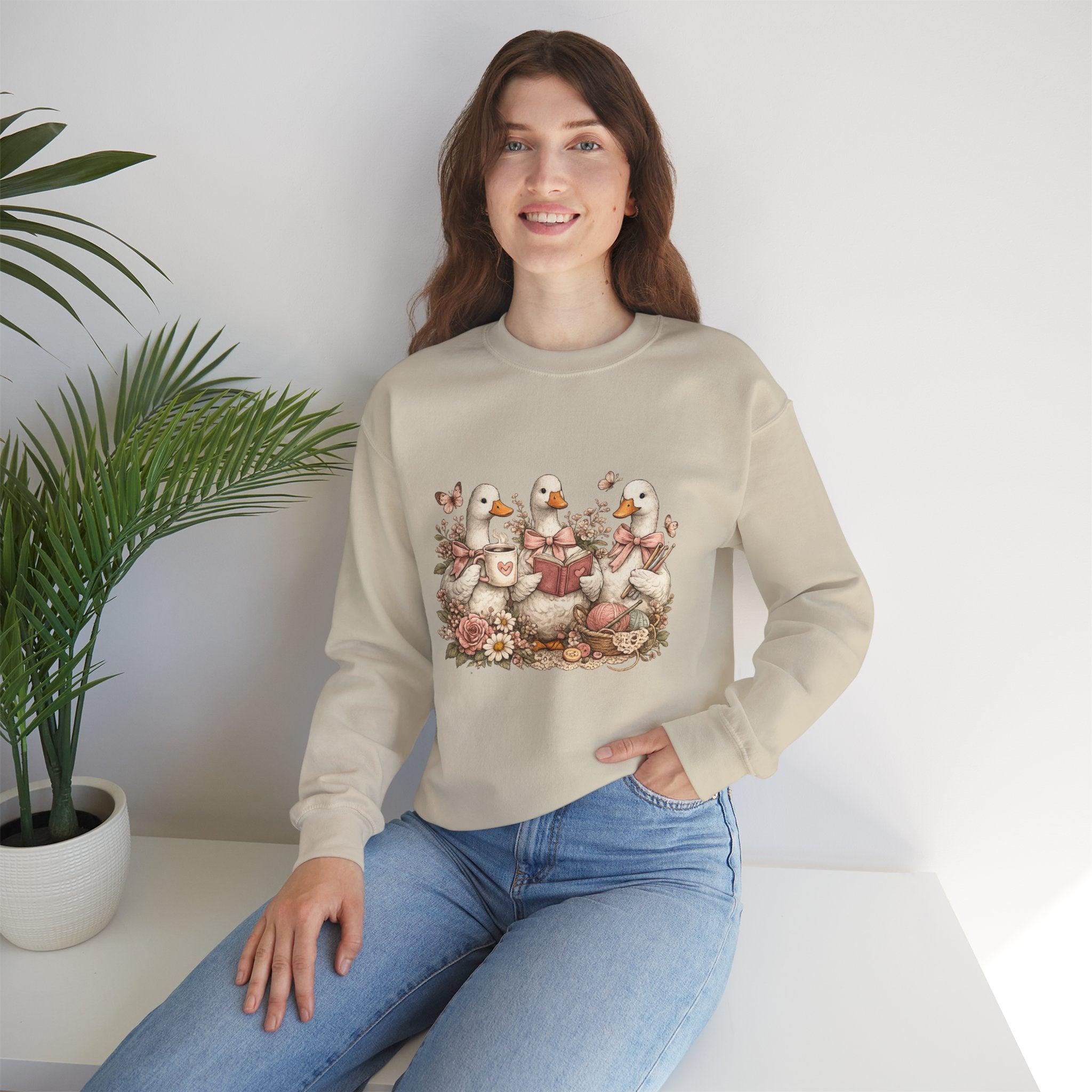 Vintage Geese Crewneck Sweatshirt — Books, Coffee & Crochet Cozy Design