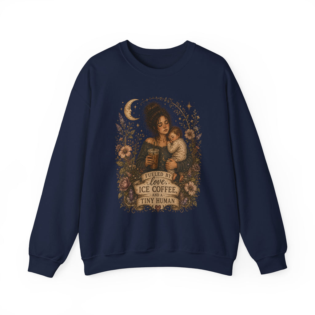 Motherhood Crewneck Sweatshirt — "Fueled by Love, Iced Coffee & a Tiny Human" Vintage Floral
