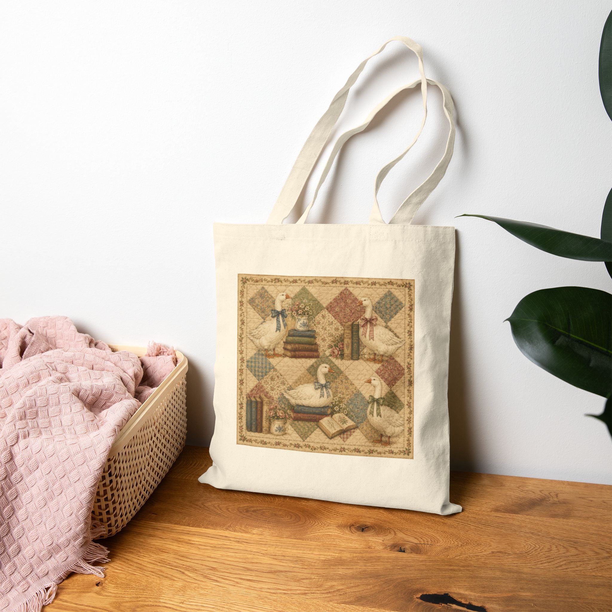 Vintage Geese with Books Cotton Canvas Tote Bag — Quilted Background