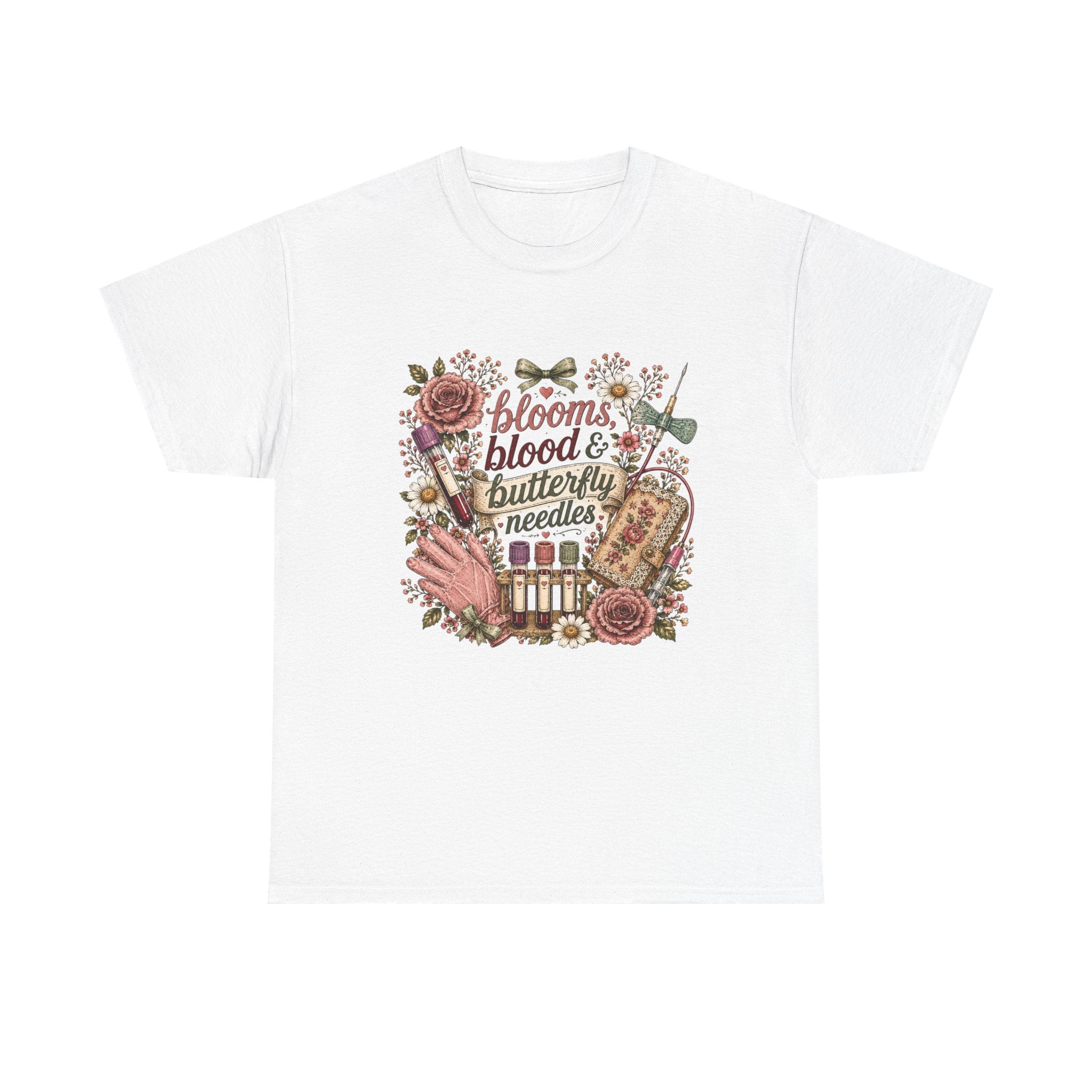 Cottagecore Phlebotomy T-Shirt — "Blooms, Blood, and Butterfly Needles"