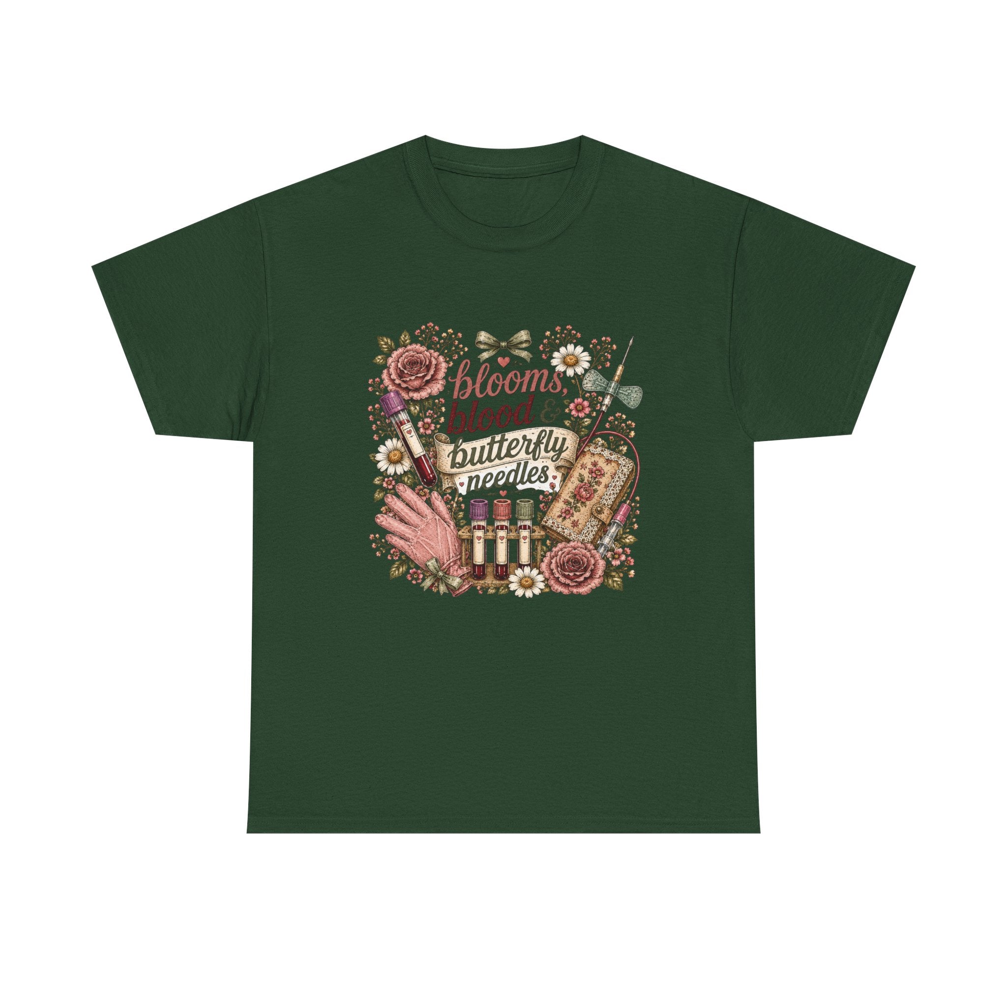 Cottagecore Phlebotomy T-Shirt — "Blooms, Blood, and Butterfly Needles"