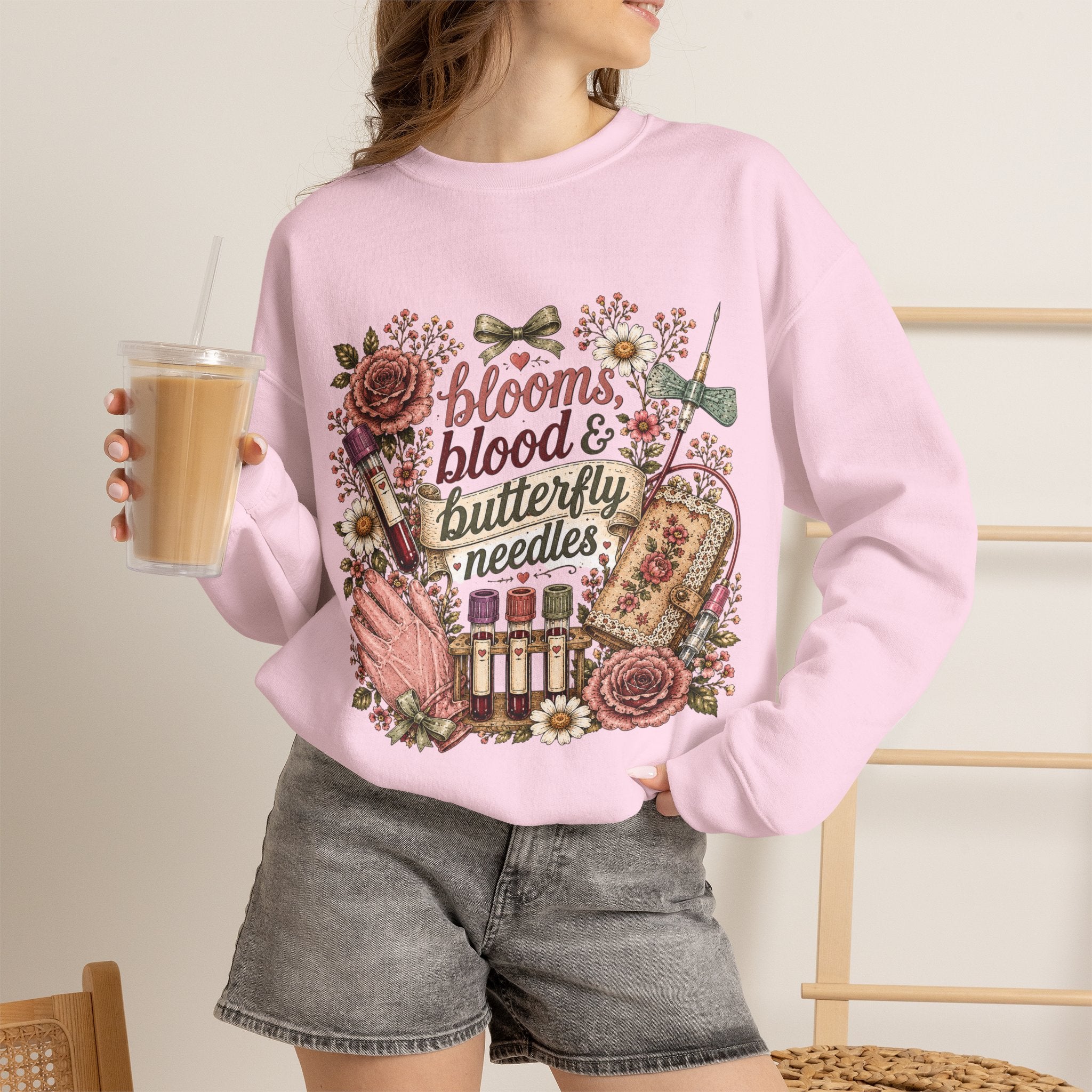 Phlebotomy Crewneck — "Blooms Blood and Butterfly Needles" Cottagecore Sweatshirt