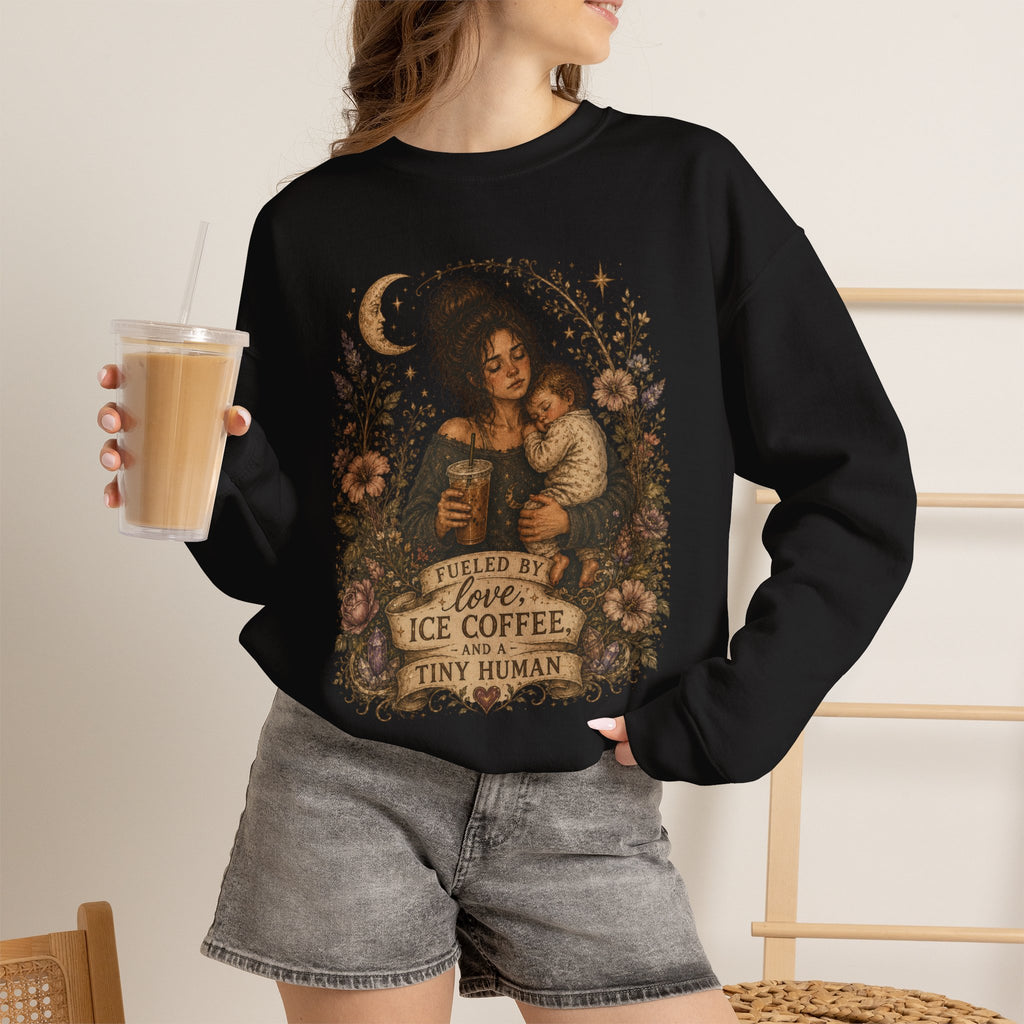 Motherhood Crewneck Sweatshirt — "Fueled by Love, Iced Coffee & a Tiny Human" Vintage Floral