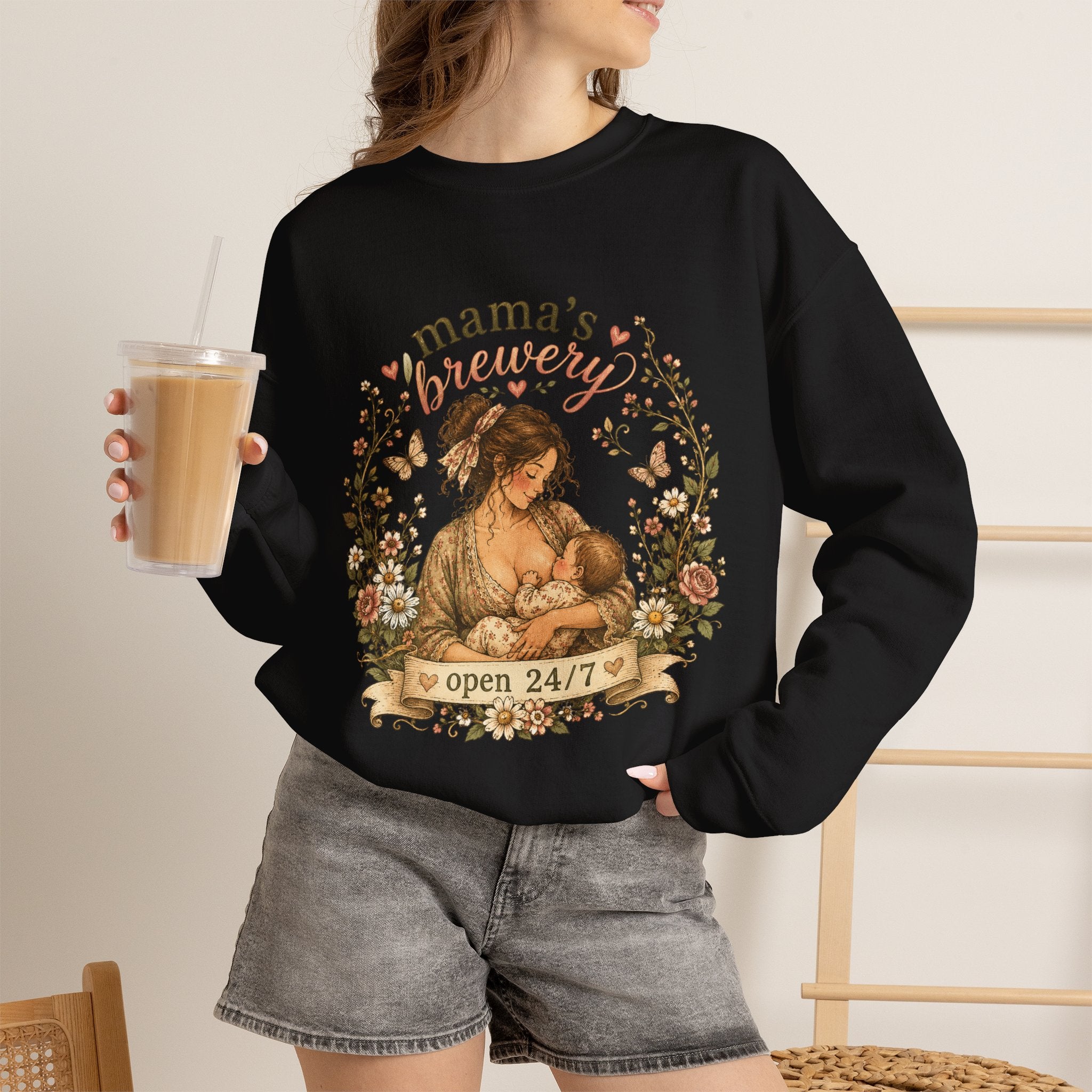 Mama's Brewery Open 24/7 Floral Cottagecore Sweatshirt — Lactating Moms Crewneck
