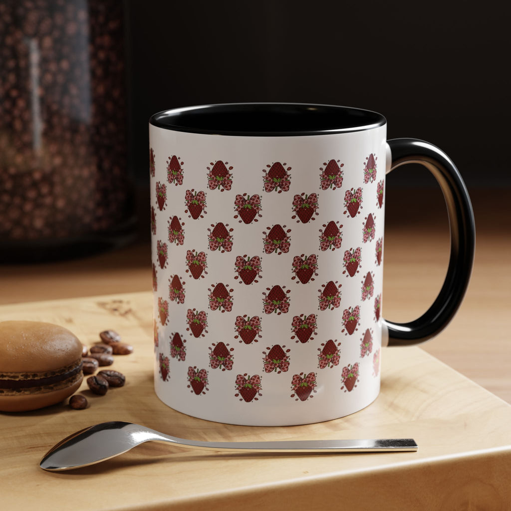 Strawberry Kiss Accent Coffee Mug — Cute Strawberry with Bow & Kiss Lips (11oz)