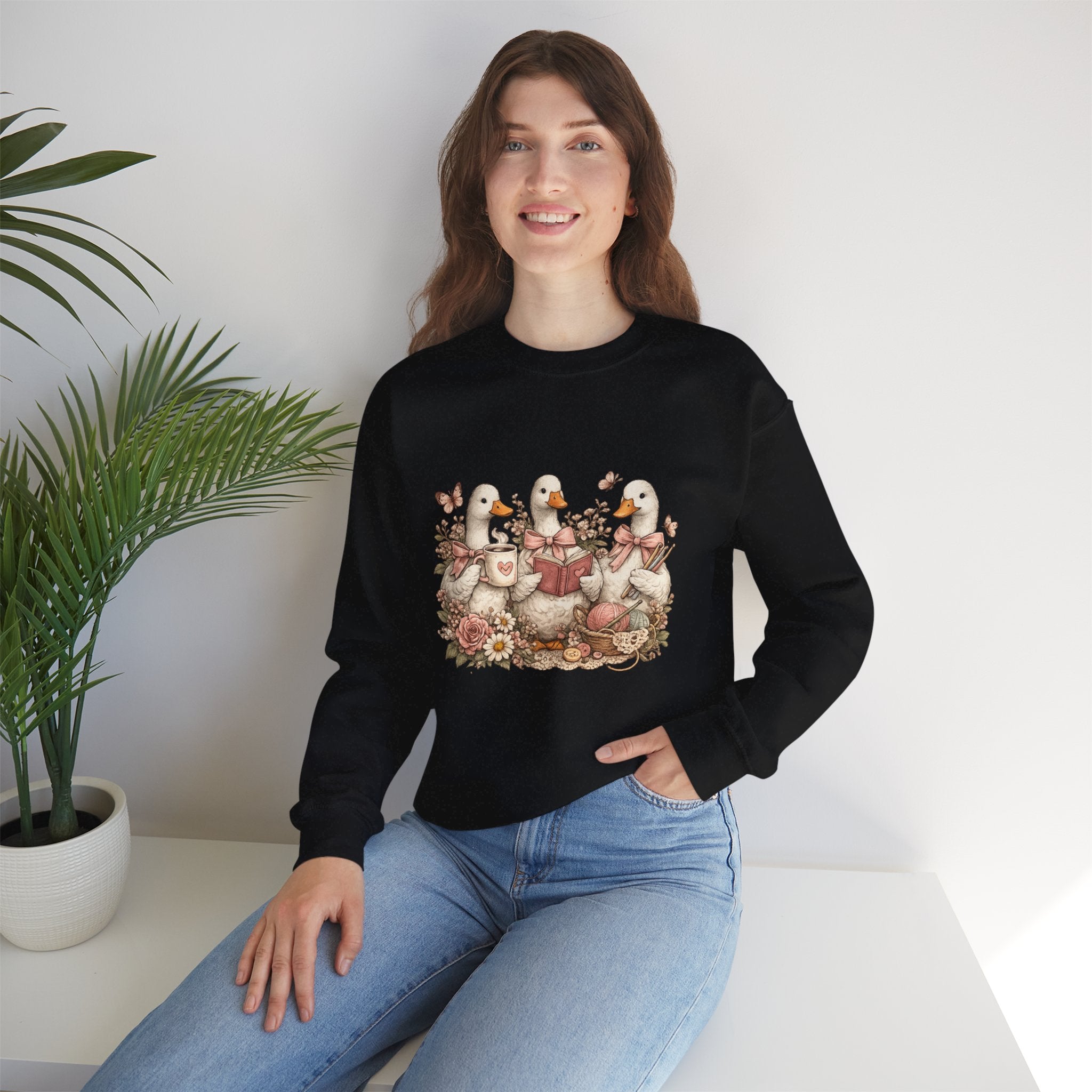 Vintage Geese Crewneck Sweatshirt — Books, Coffee & Crochet Cozy Design