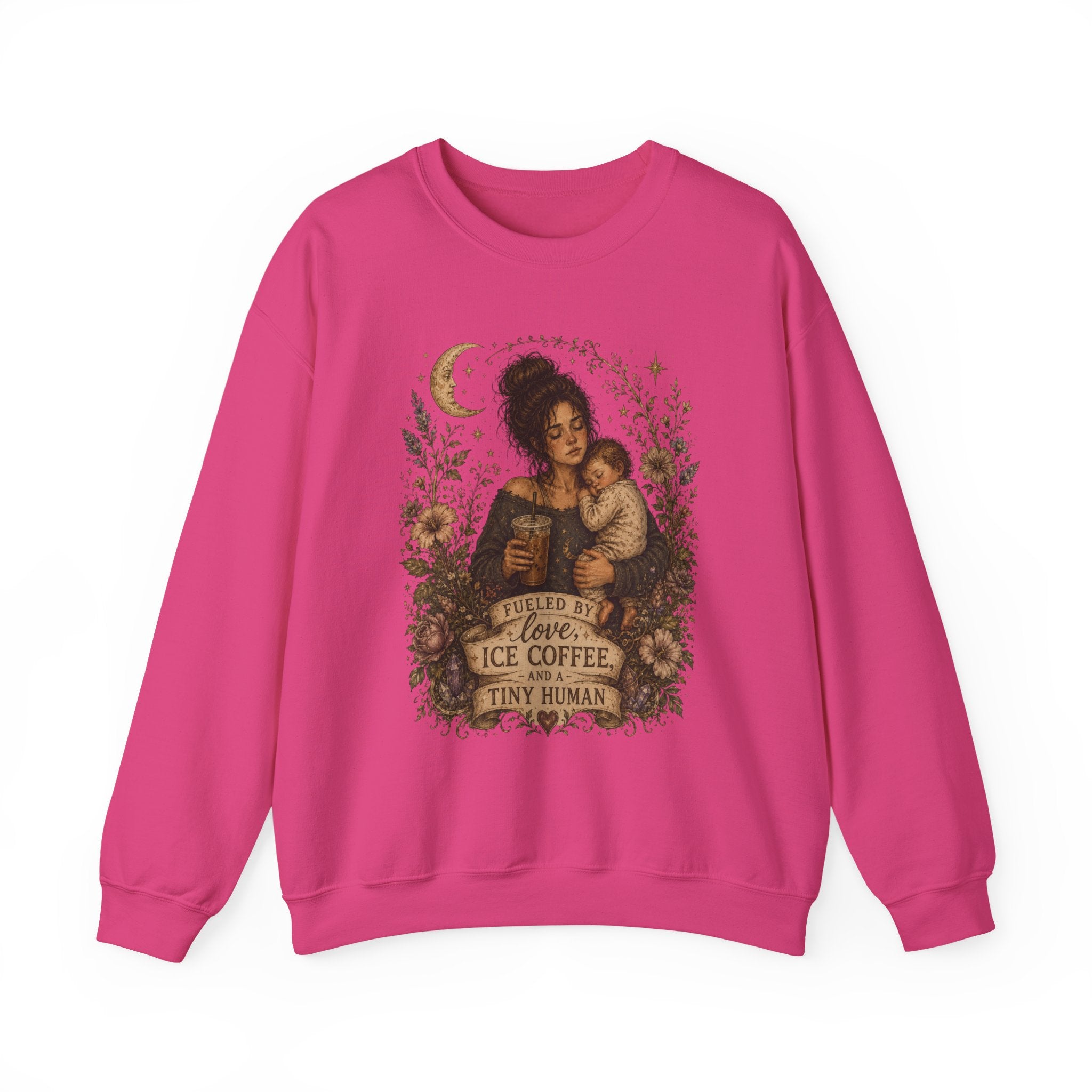 Motherhood Crewneck Sweatshirt — "Fueled by Love, Iced Coffee & a Tiny Human" Vintage Floral