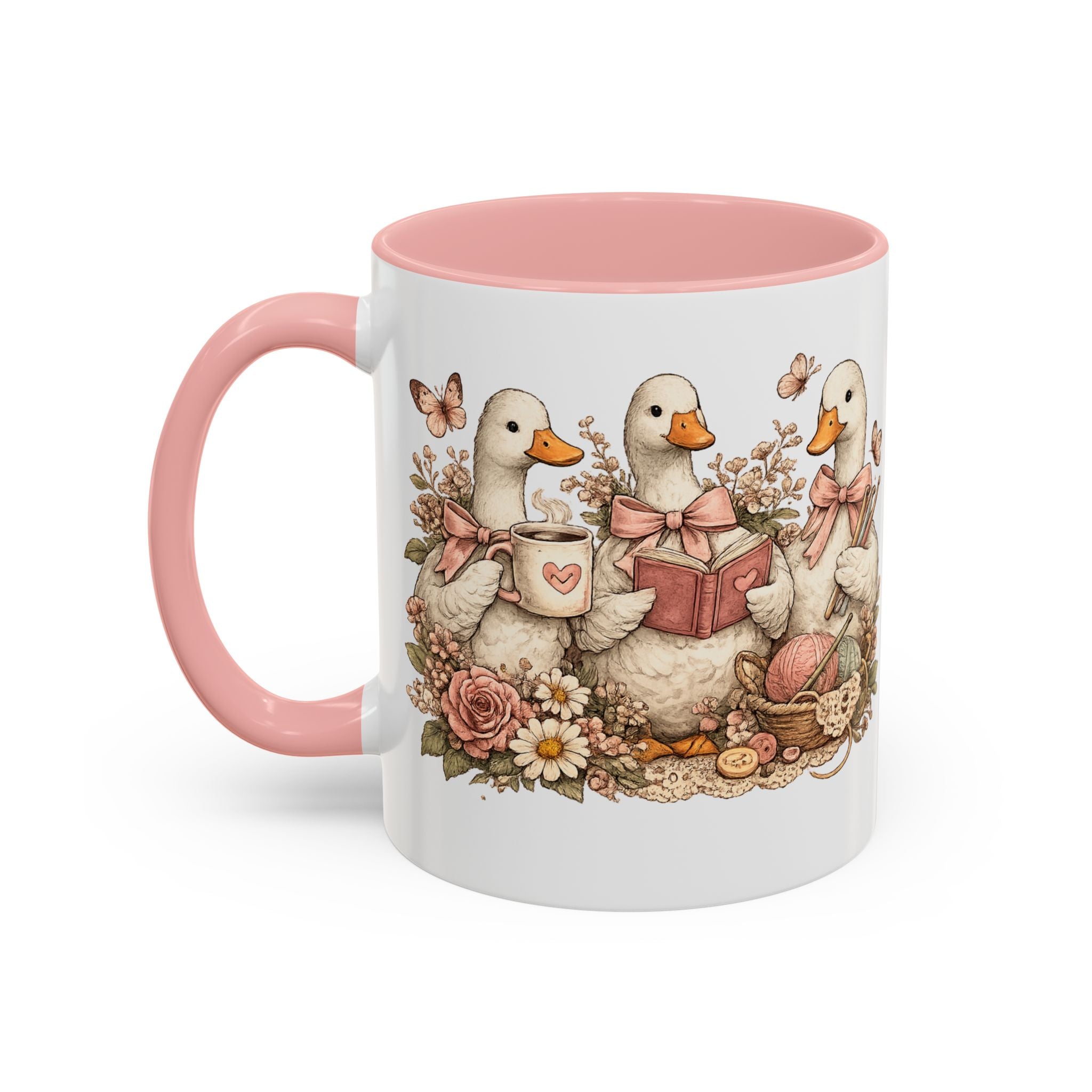 Vintage Geese Coffee Mug — Geese with Books, Coffee & Crochet (11oz)