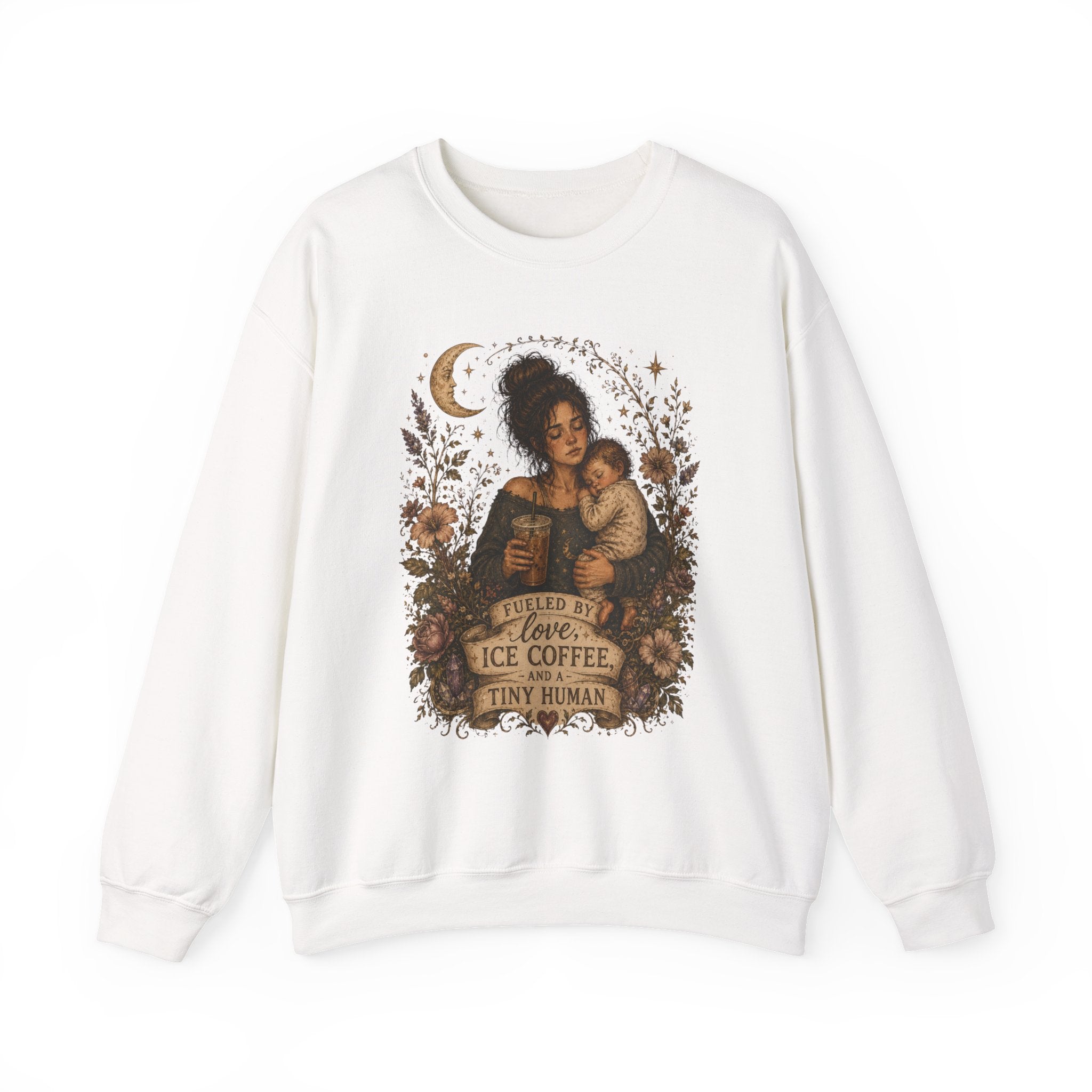 Motherhood Crewneck Sweatshirt — "Fueled by Love, Iced Coffee & a Tiny Human" Vintage Floral
