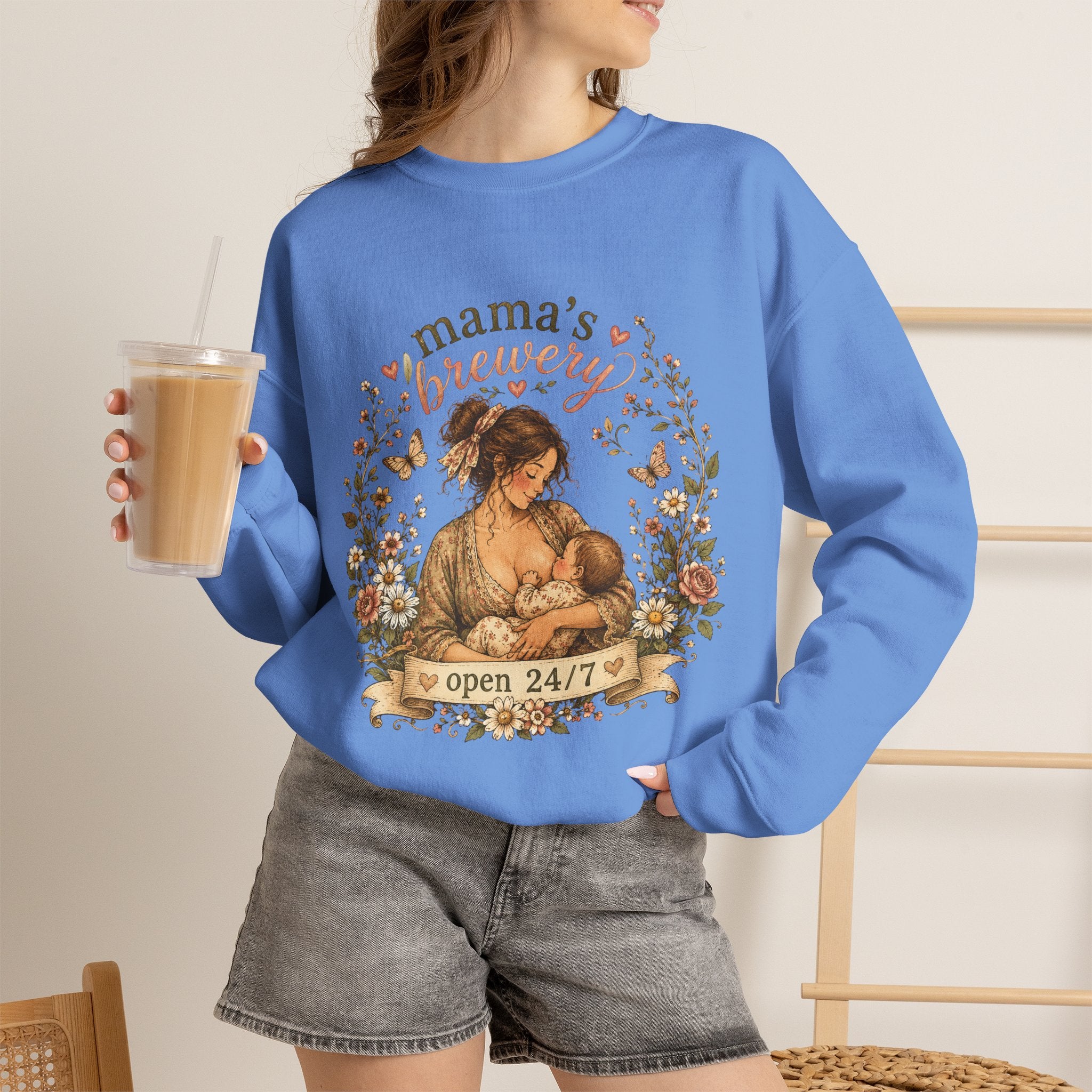Mama's Brewery Open 24/7 Floral Cottagecore Sweatshirt — Lactating Moms Crewneck