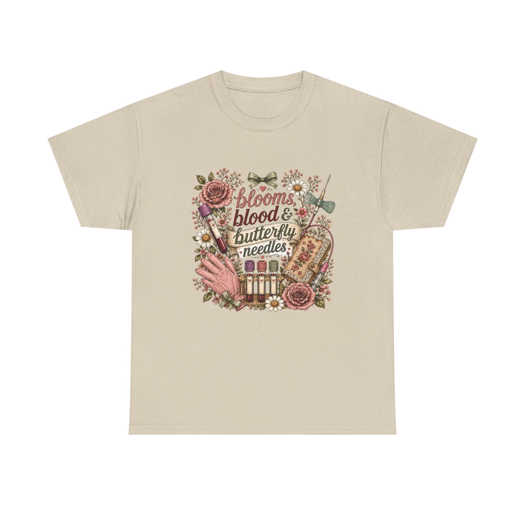Cottagecore Phlebotomy T-Shirt — "Blooms, Blood, and Butterfly Needles"