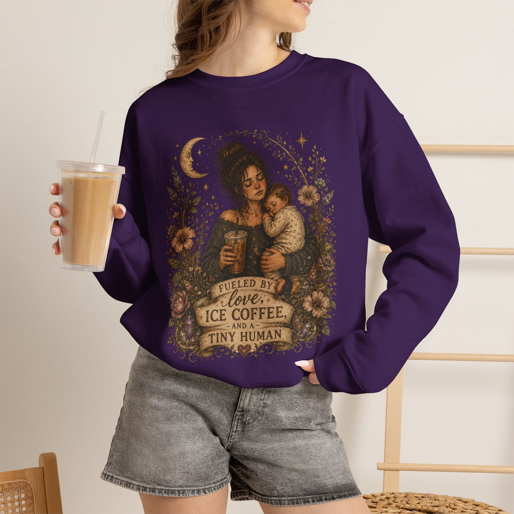Motherhood Crewneck Sweatshirt — "Fueled by Love, Iced Coffee & a Tiny Human" Vintage Floral