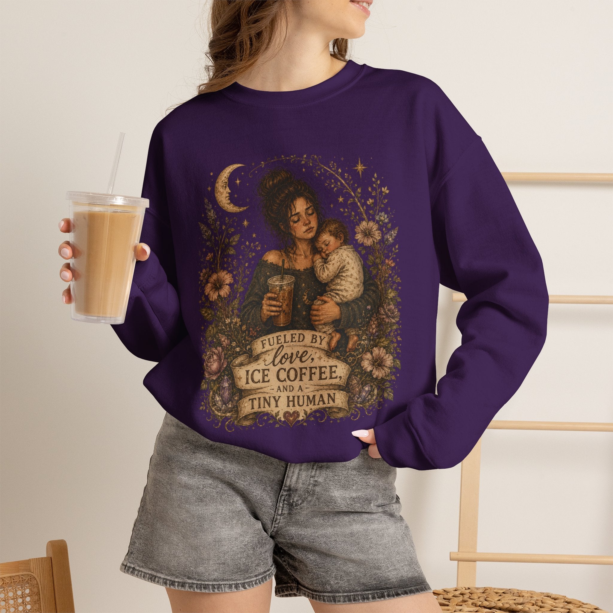 Motherhood Crewneck Sweatshirt — "Fueled by Love, Iced Coffee & a Tiny Human" Vintage Floral