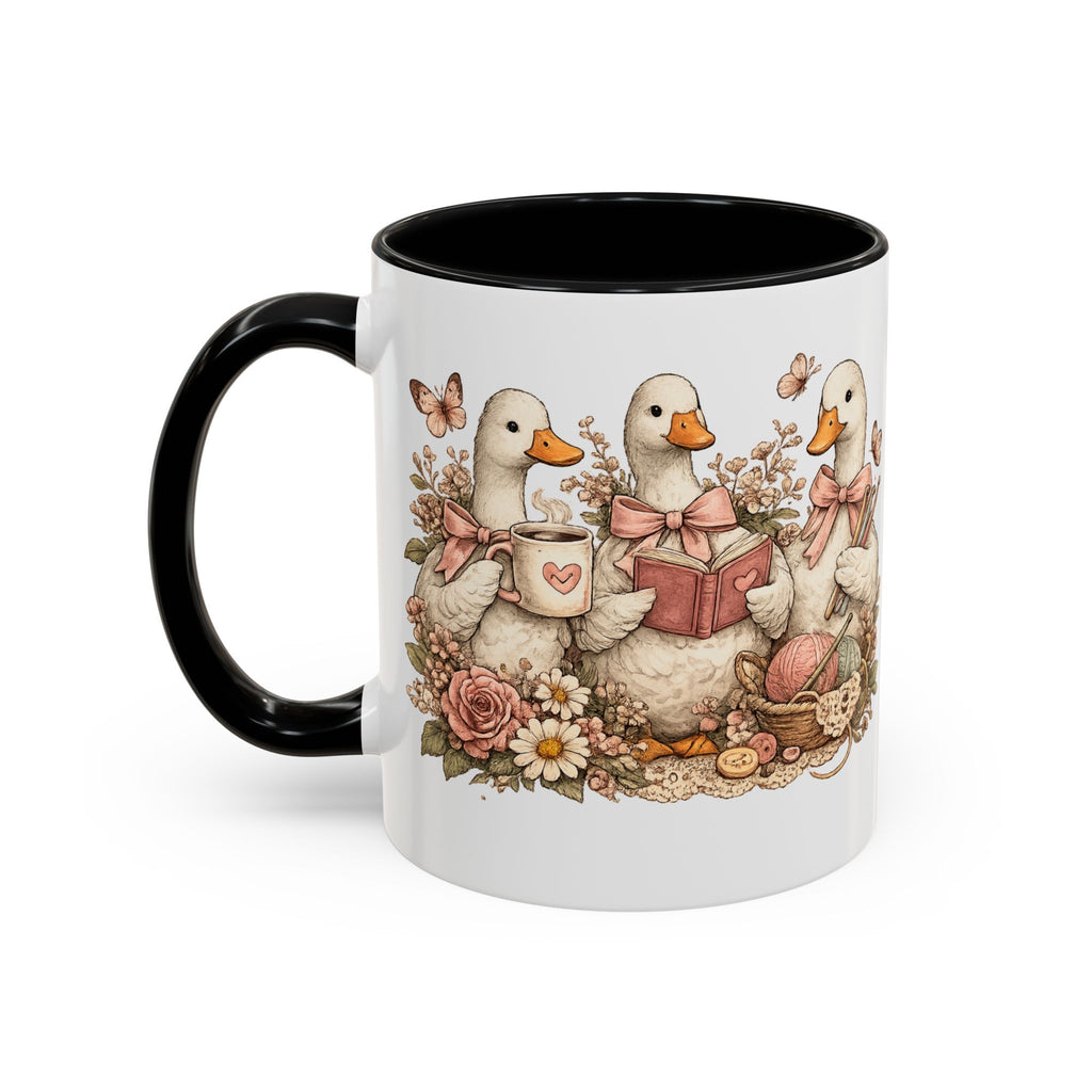 Vintage Geese Coffee Mug — Geese with Books, Coffee & Crochet (11oz)