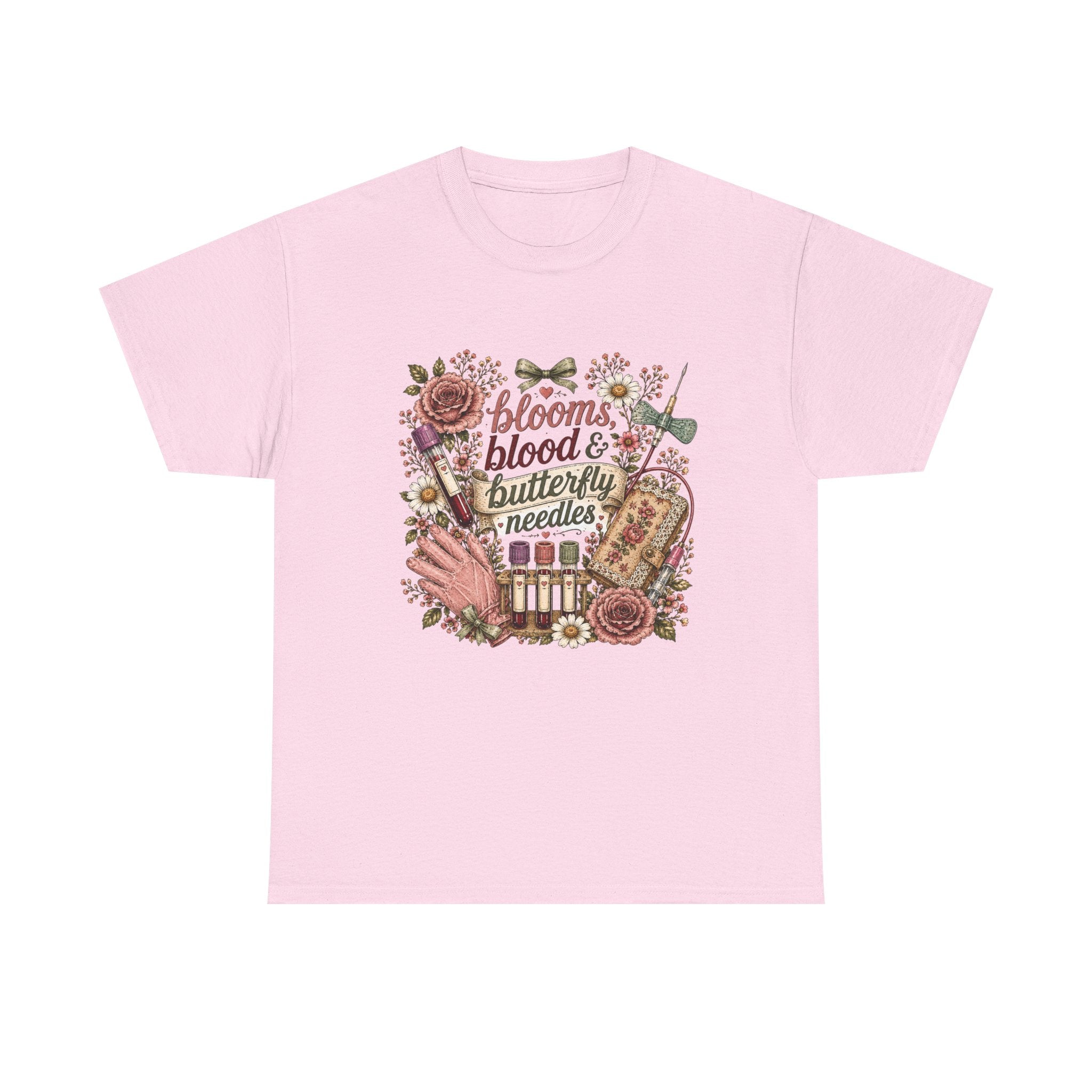 Cottagecore Phlebotomy T-Shirt — "Blooms, Blood, and Butterfly Needles"
