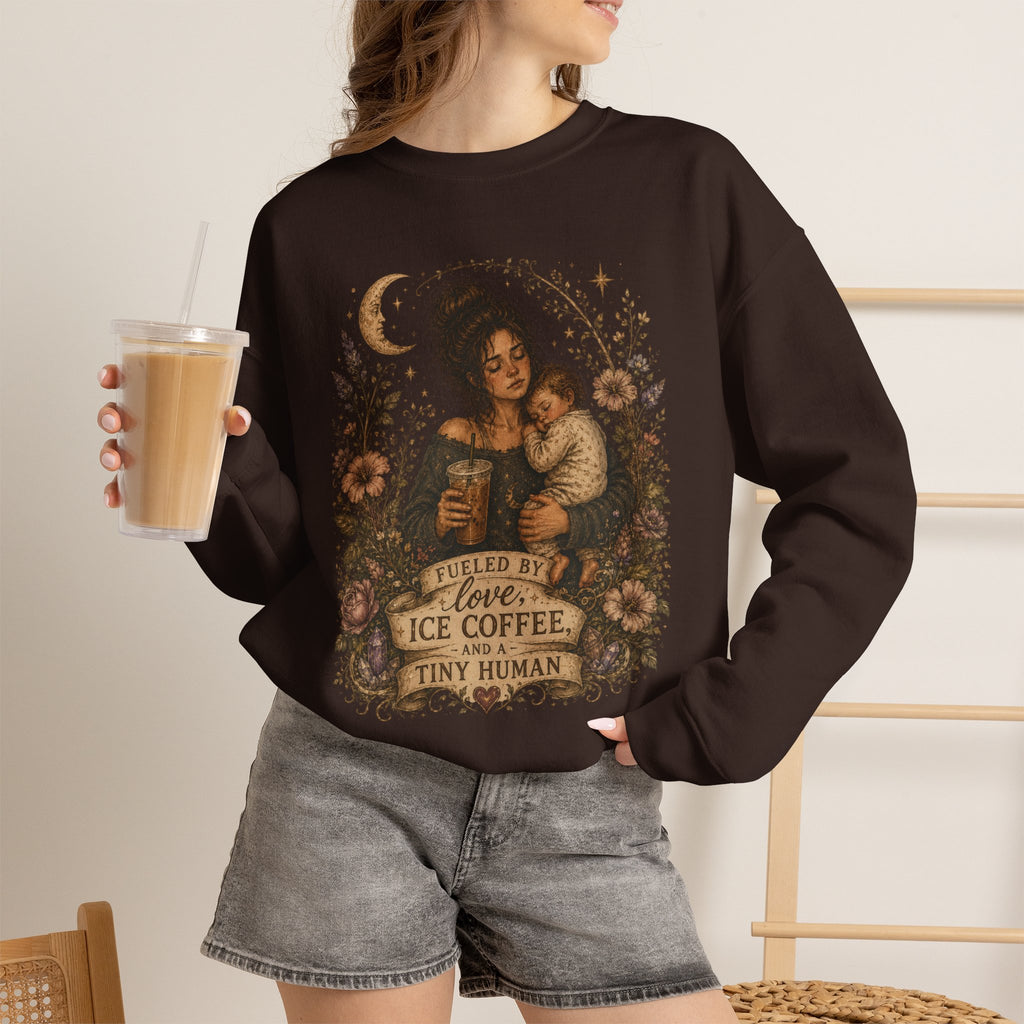 Motherhood Crewneck Sweatshirt — "Fueled by Love, Iced Coffee & a Tiny Human" Vintage Floral