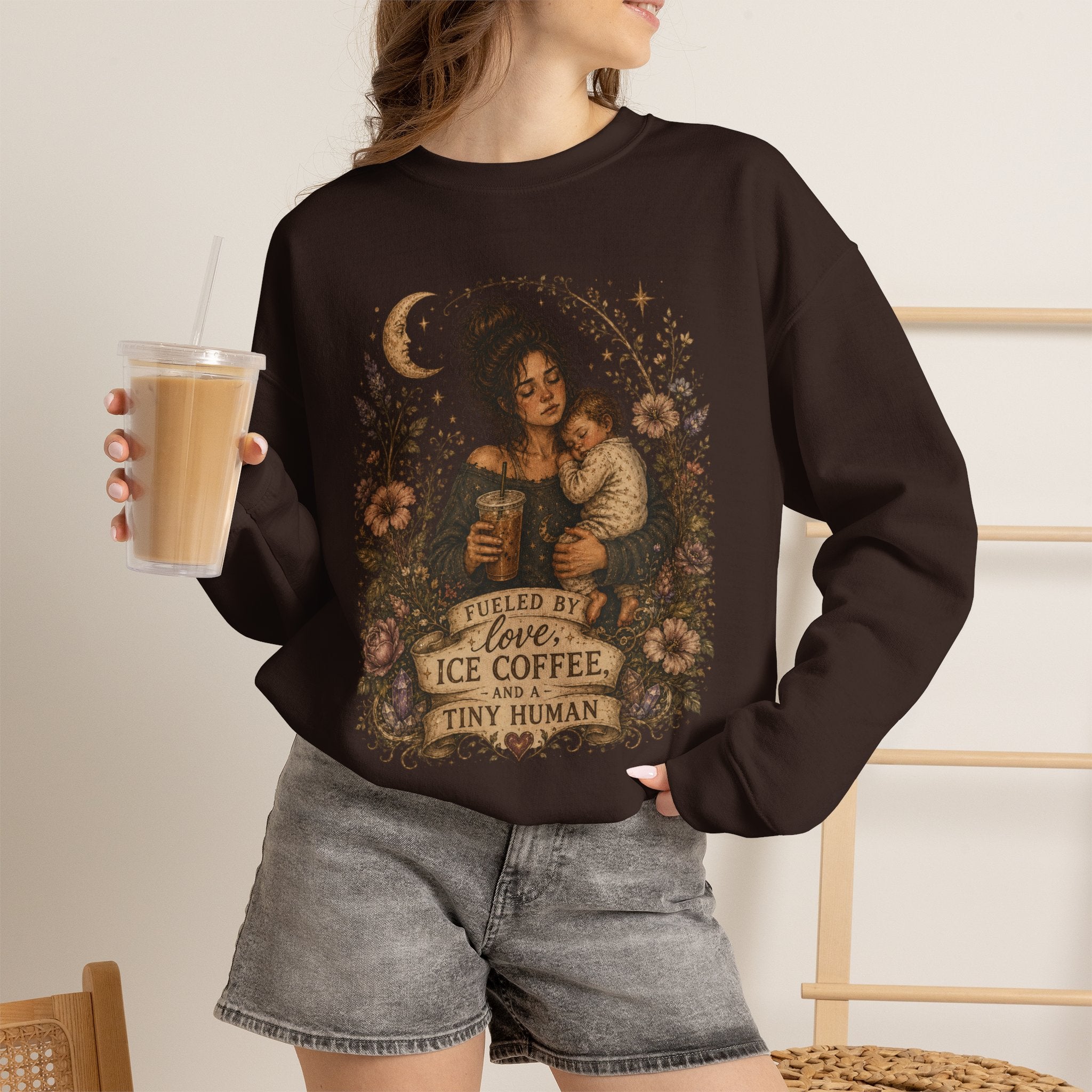 Motherhood Crewneck Sweatshirt — "Fueled by Love, Iced Coffee & a Tiny Human" Vintage Floral