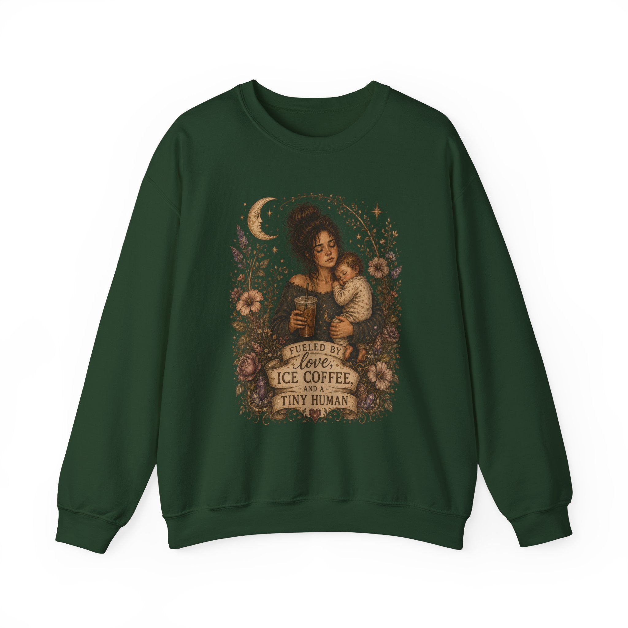 Motherhood Crewneck Sweatshirt — "Fueled by Love, Iced Coffee & a Tiny Human" Vintage Floral