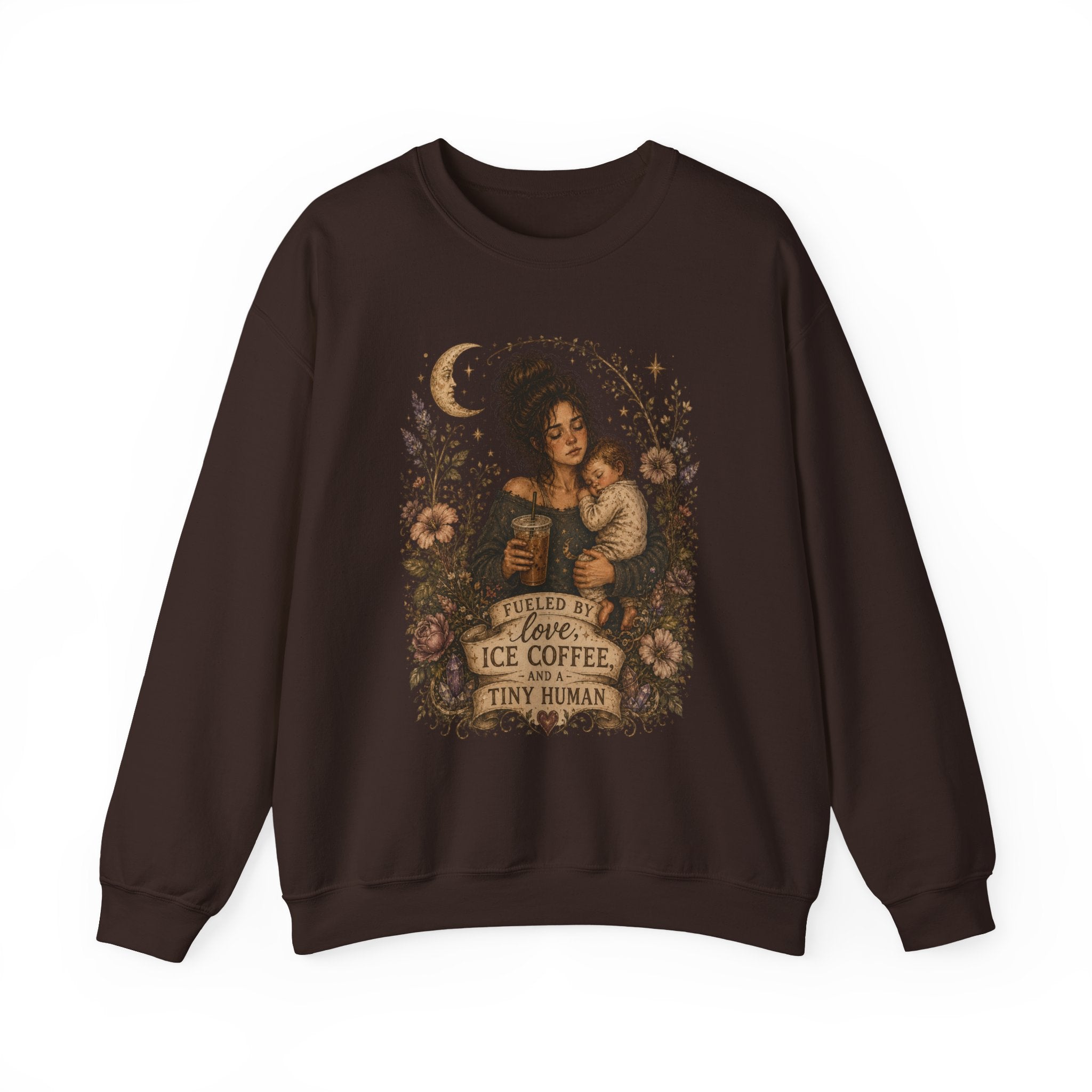 Motherhood Crewneck Sweatshirt — "Fueled by Love, Iced Coffee & a Tiny Human" Vintage Floral