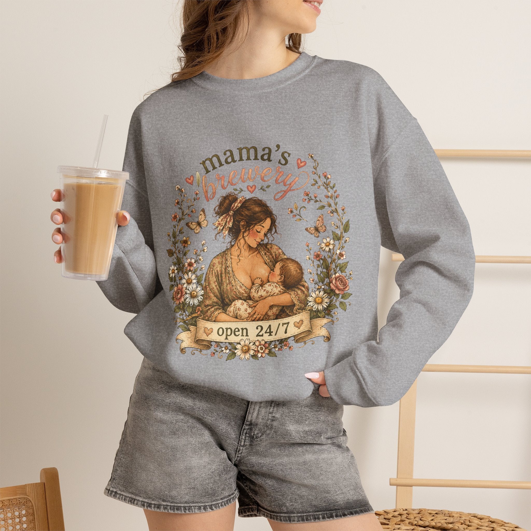 Mama's Brewery Open 24/7 Floral Cottagecore Sweatshirt — Lactating Moms Crewneck