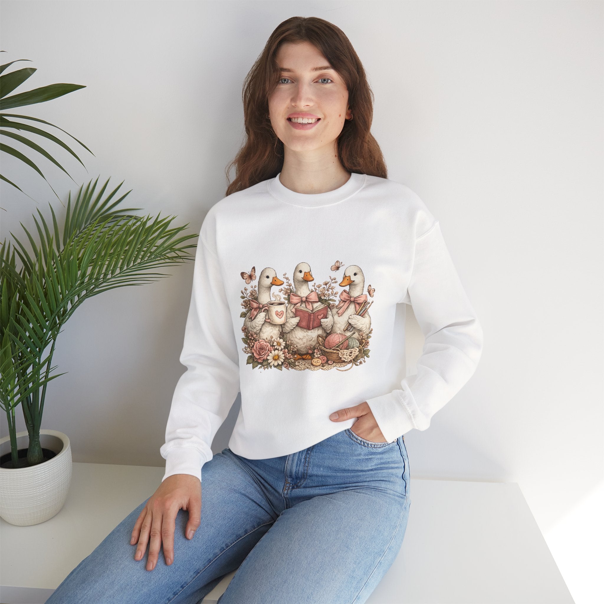 Vintage Geese Crewneck Sweatshirt — Books, Coffee & Crochet Cozy Design