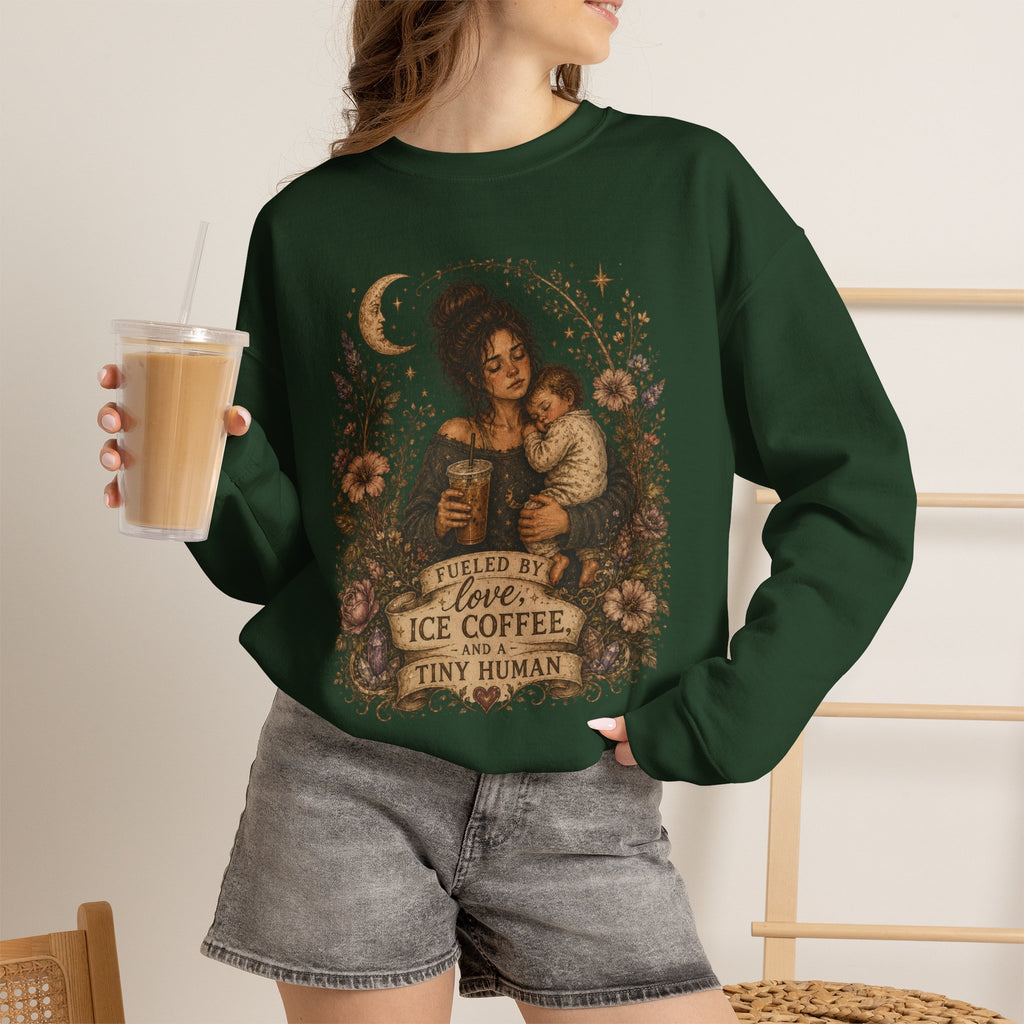 Motherhood Crewneck Sweatshirt — "Fueled by Love, Iced Coffee & a Tiny Human" Vintage Floral