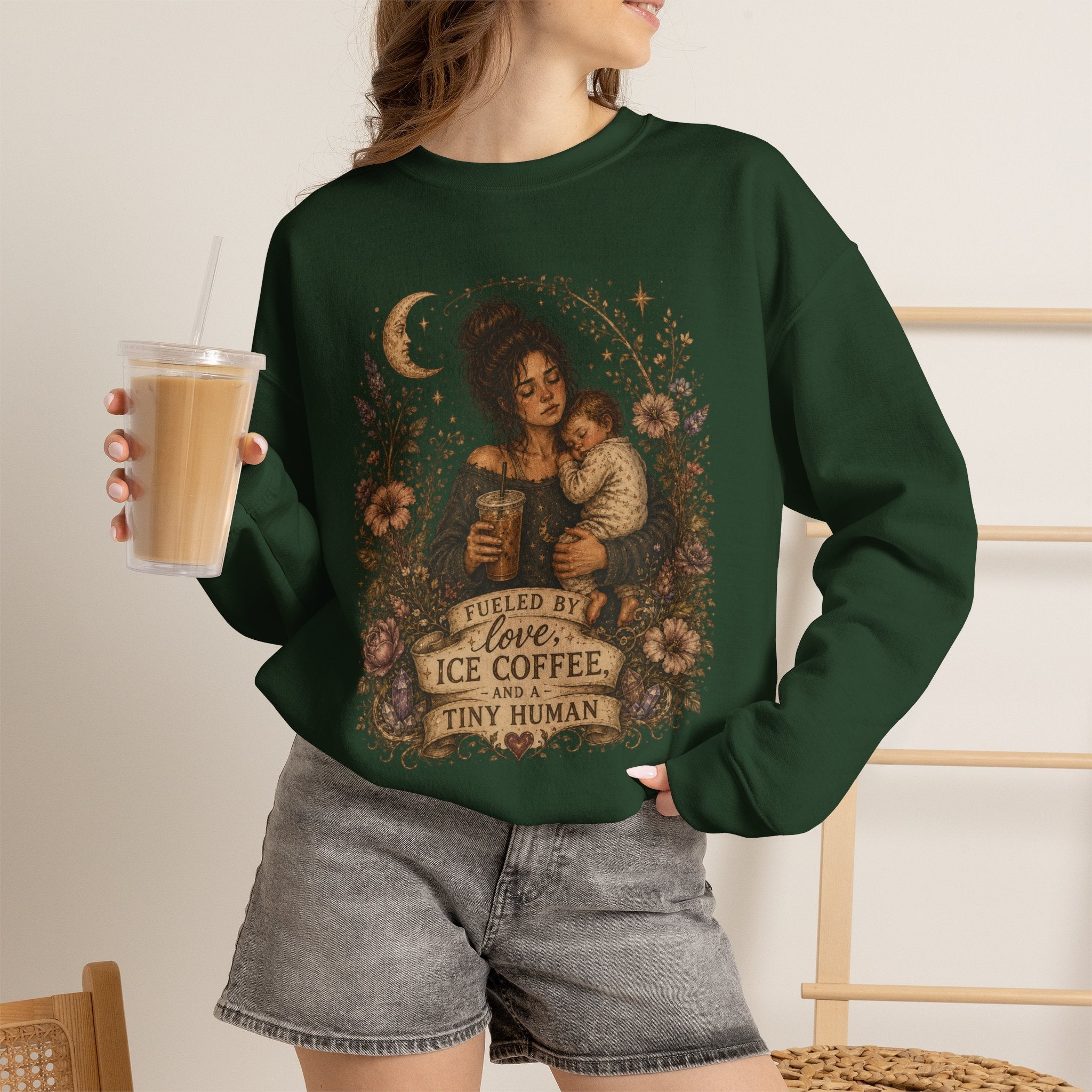Motherhood Crewneck Sweatshirt — "Fueled by Love, Iced Coffee & a Tiny Human" Vintage Floral