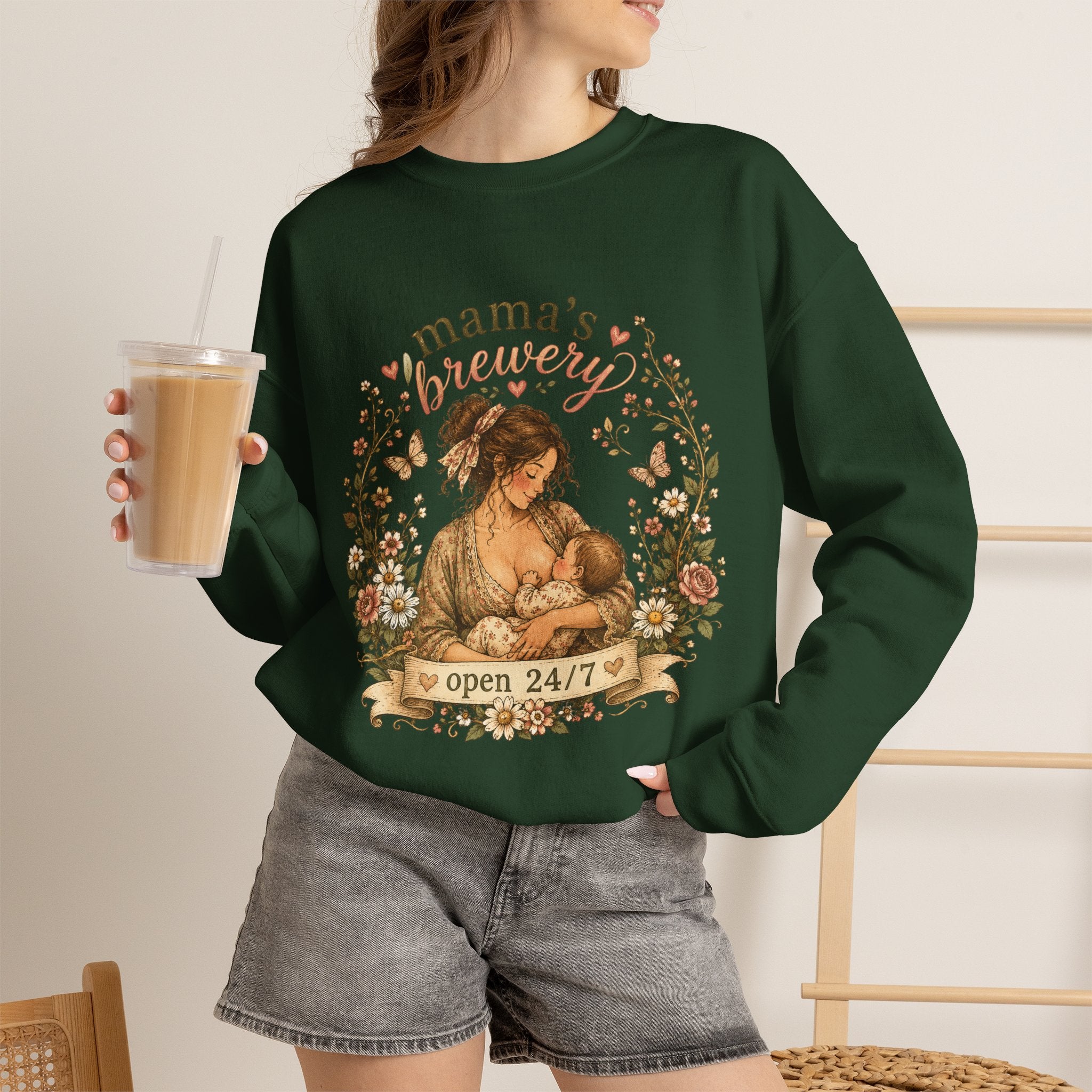 Mama's Brewery Open 24/7 Floral Cottagecore Sweatshirt — Lactating Moms Crewneck