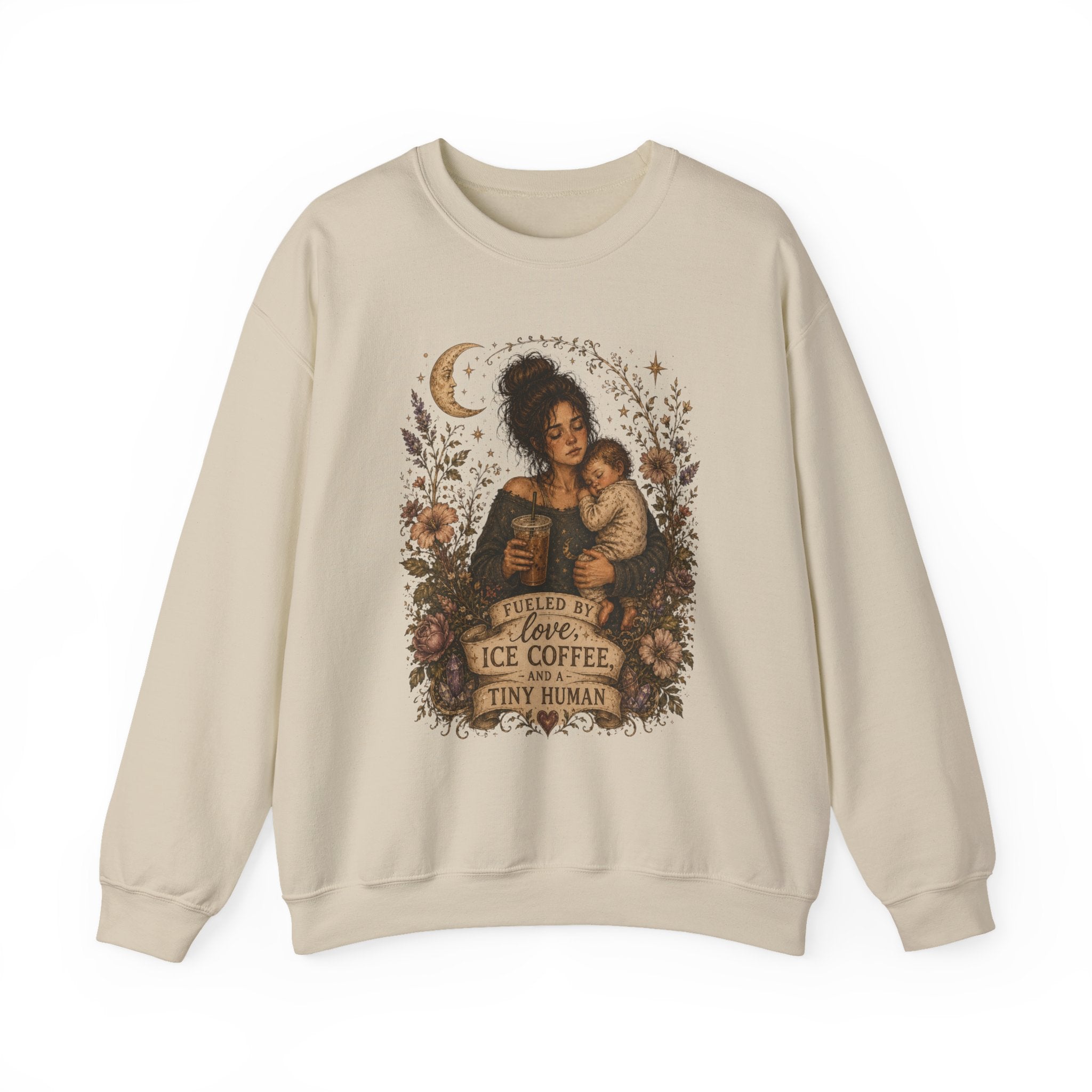 Motherhood Crewneck Sweatshirt — "Fueled by Love, Iced Coffee & a Tiny Human" Vintage Floral