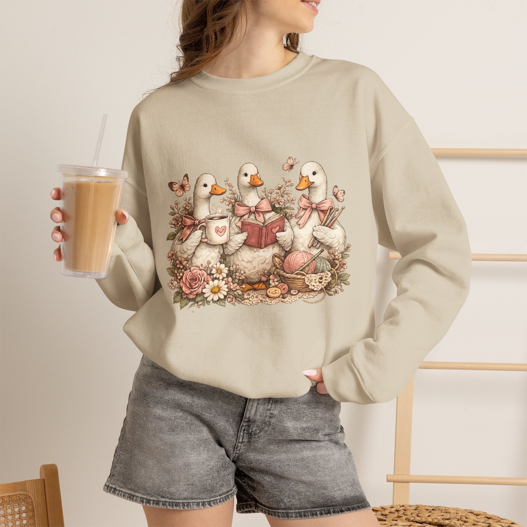 Vintage Geese Crewneck Sweatshirt — Books, Coffee & Crochet Cozy Design