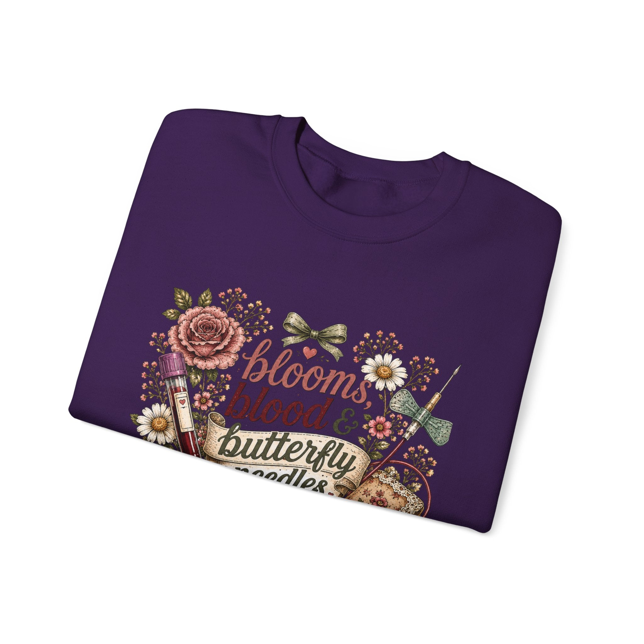 Phlebotomy Crewneck — "Blooms Blood and Butterfly Needles" Cottagecore Sweatshirt