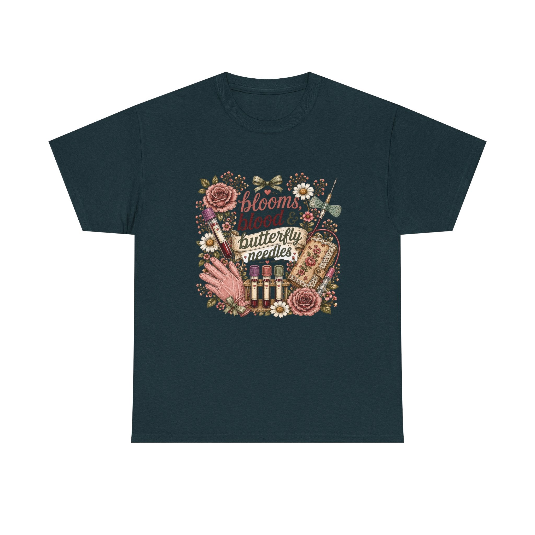 Cottagecore Phlebotomy T-Shirt — "Blooms, Blood, and Butterfly Needles"