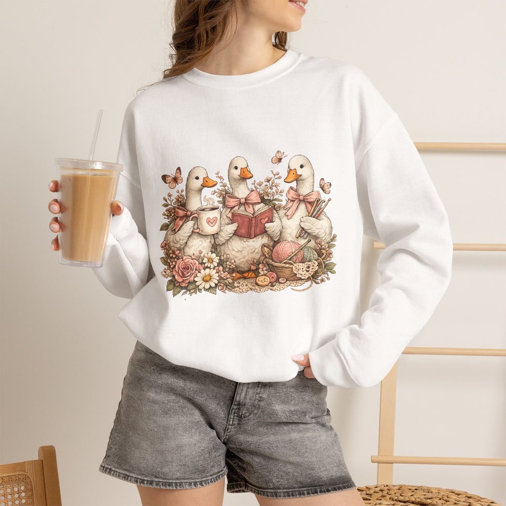 Vintage Geese Crewneck Sweatshirt — Books, Coffee & Crochet Cozy Design