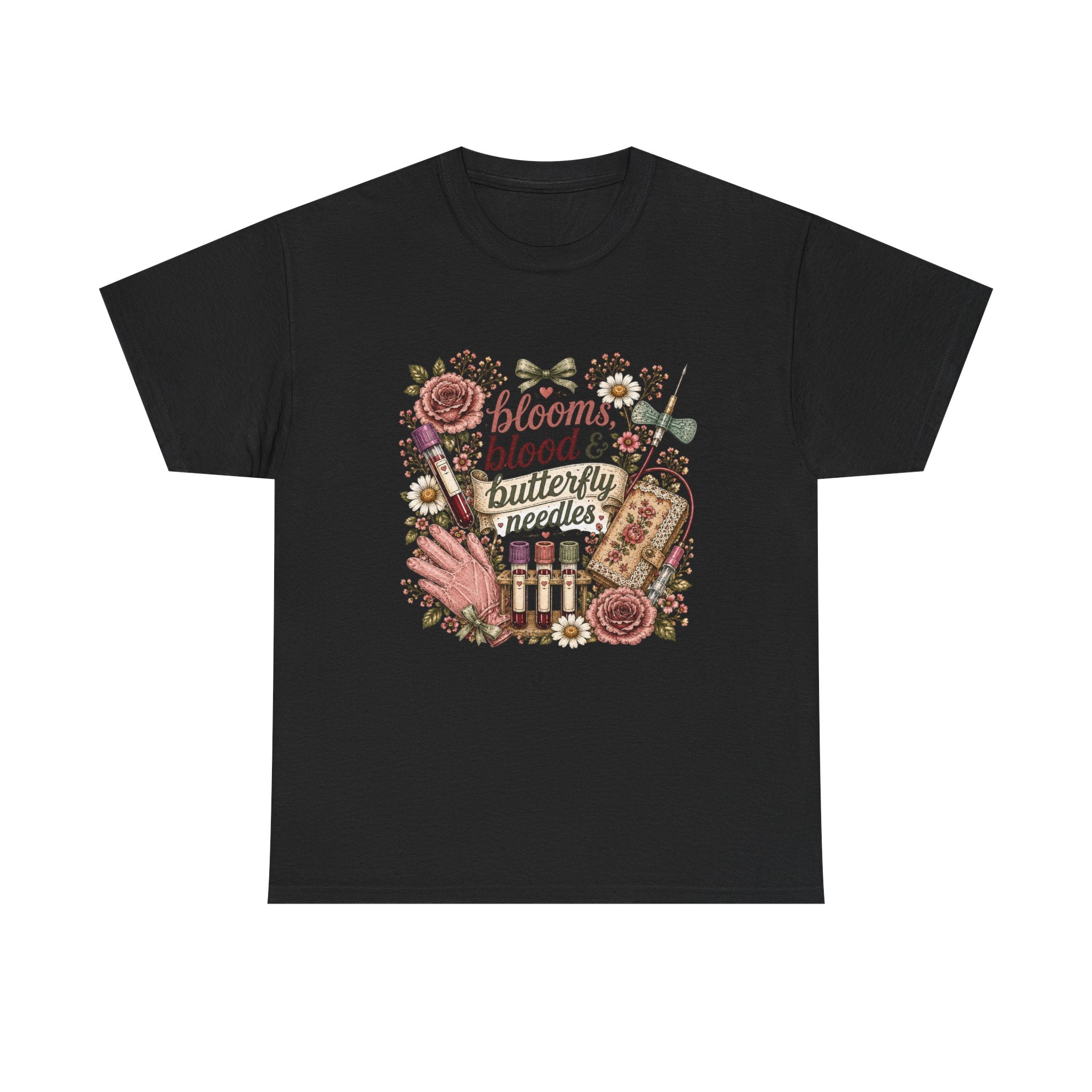 Cottagecore Phlebotomy T-Shirt — "Blooms, Blood, and Butterfly Needles"
