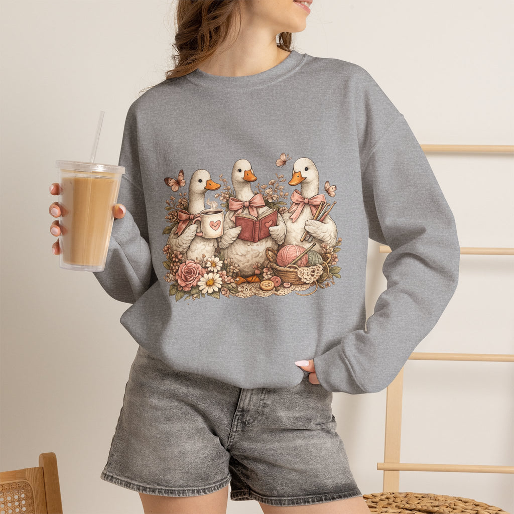 Vintage Geese Crewneck Sweatshirt — Books, Coffee & Crochet Cozy Design