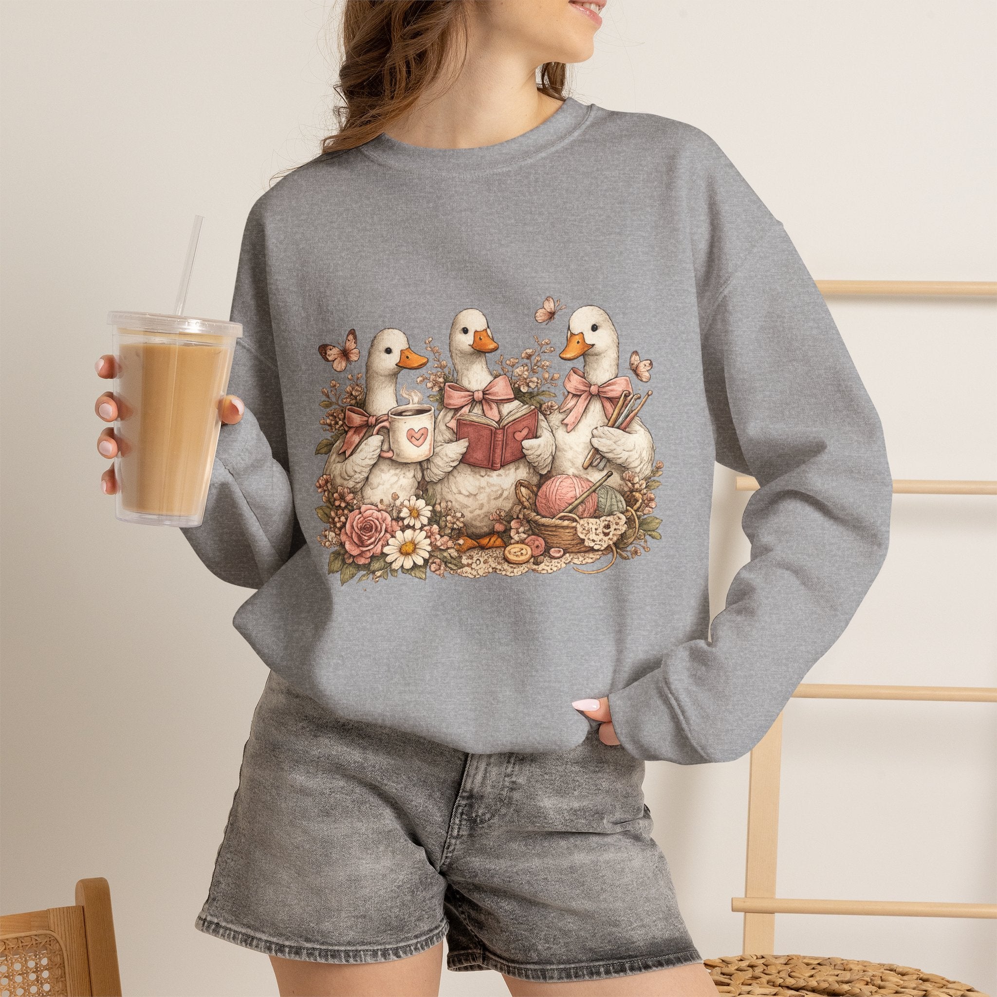 Vintage Geese Crewneck Sweatshirt — Books, Coffee & Crochet Cozy Design