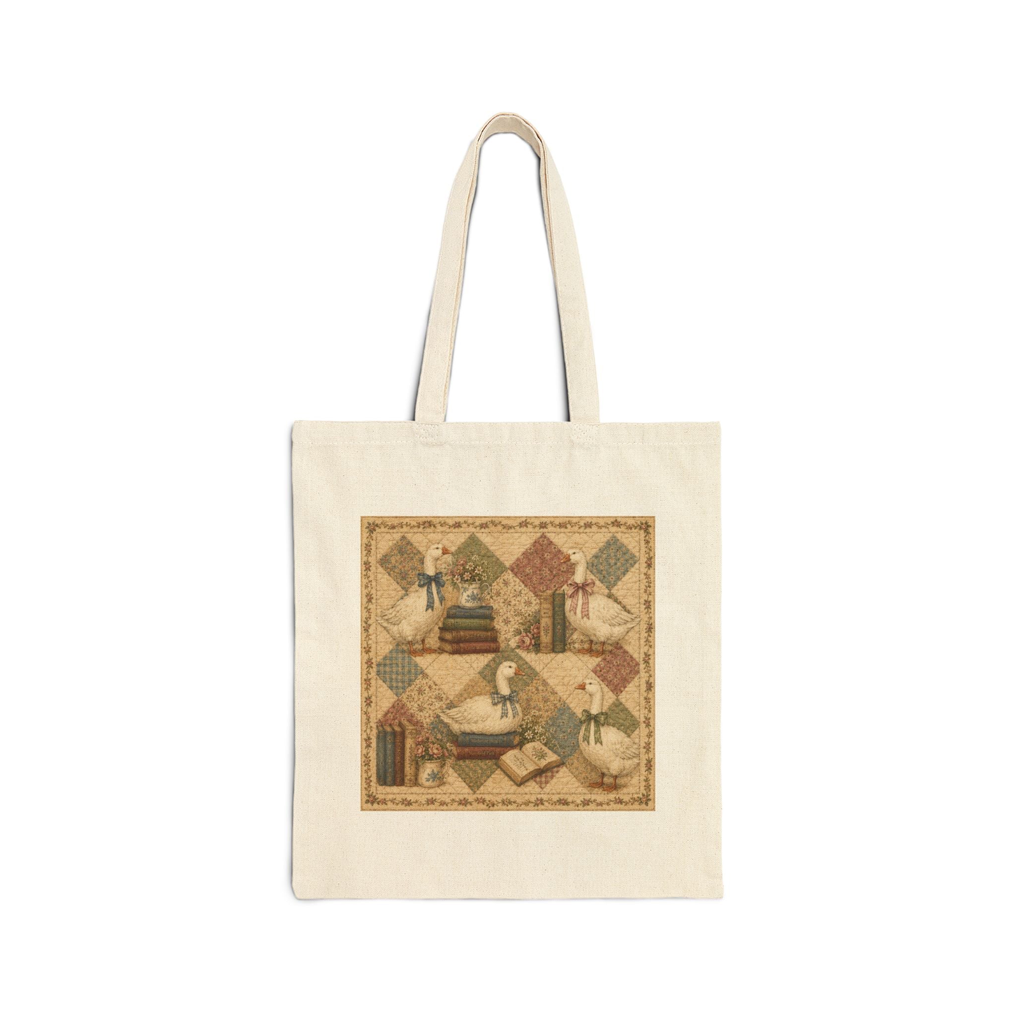 Vintage Geese with Books Cotton Canvas Tote Bag — Quilted Background
