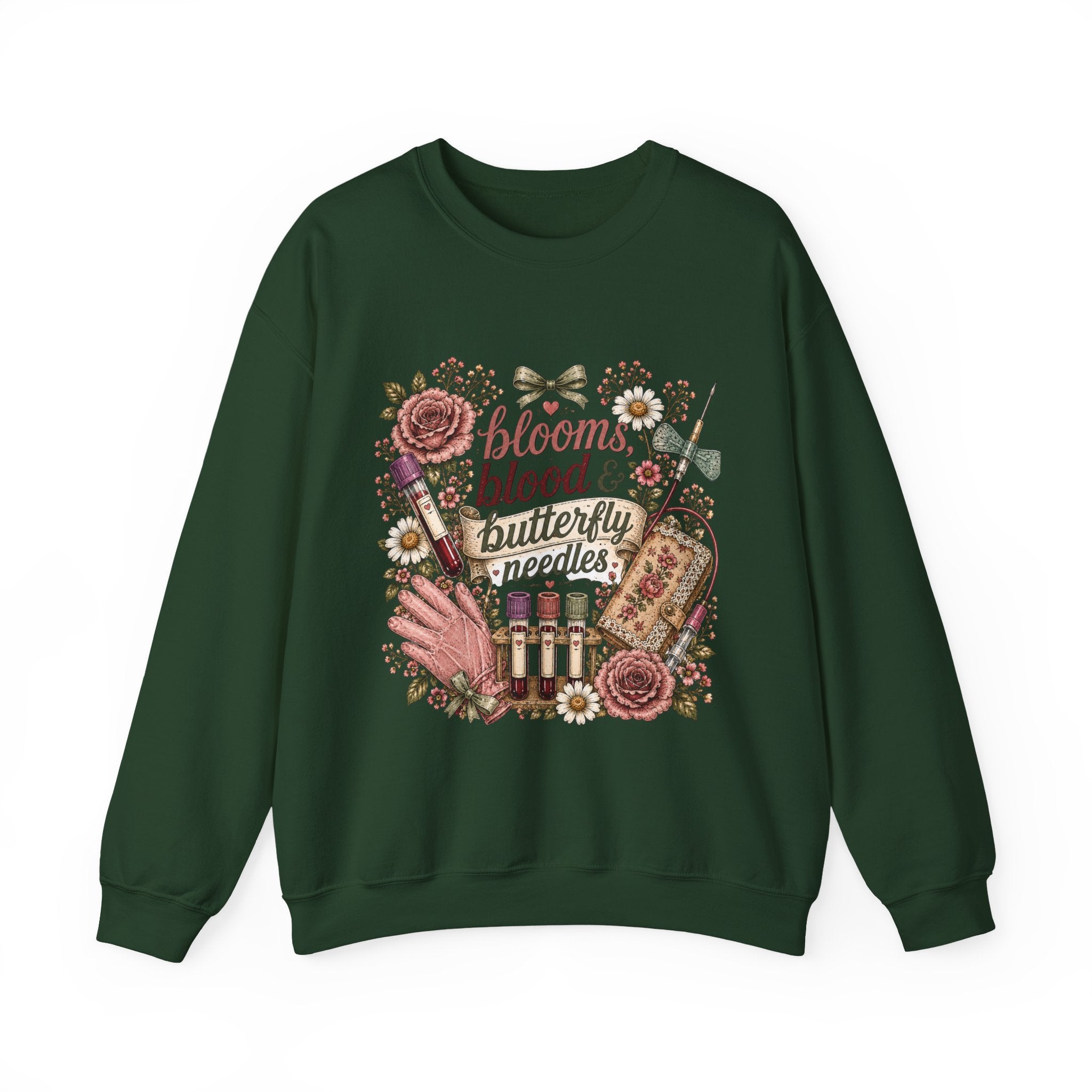 Phlebotomy Crewneck — "Blooms Blood and Butterfly Needles" Cottagecore Sweatshirt