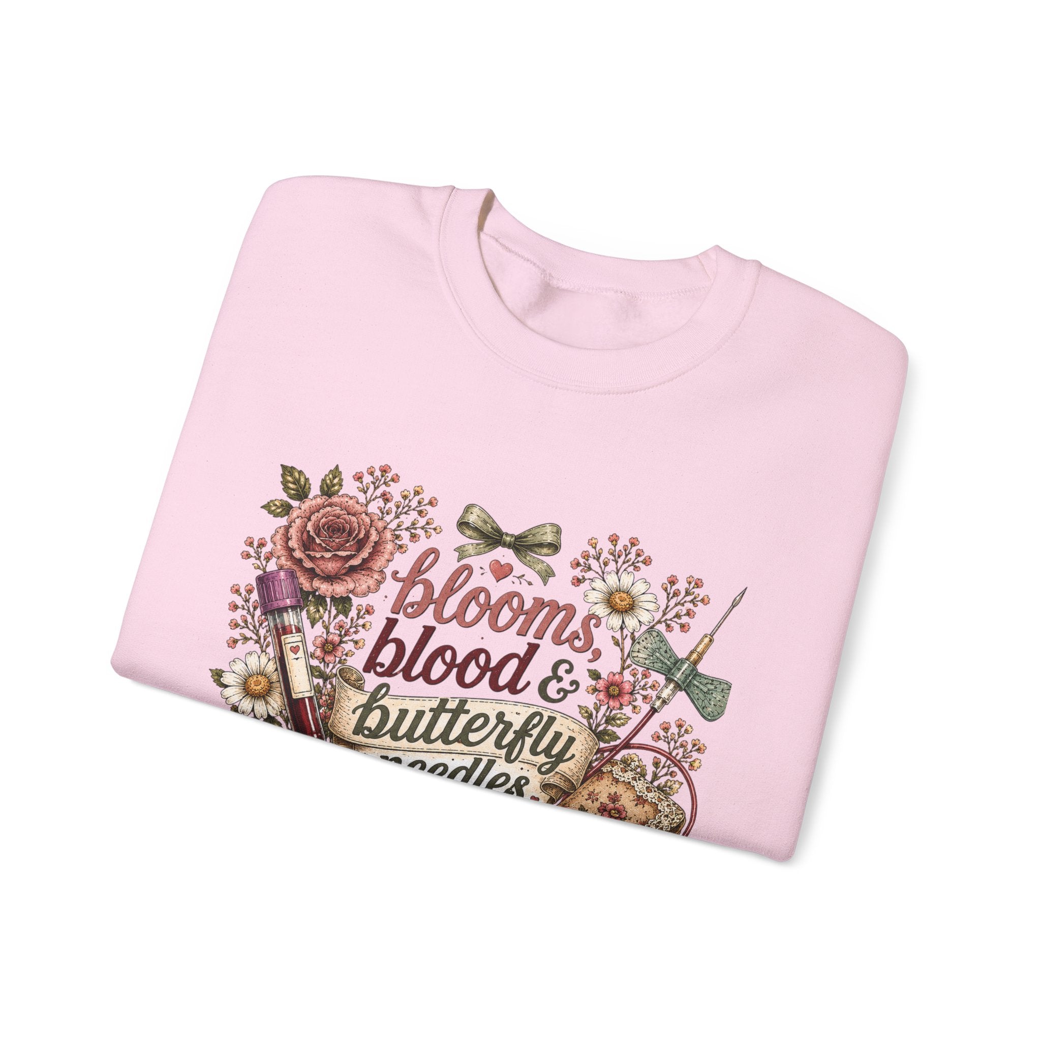 Phlebotomy Crewneck — "Blooms Blood and Butterfly Needles" Cottagecore Sweatshirt