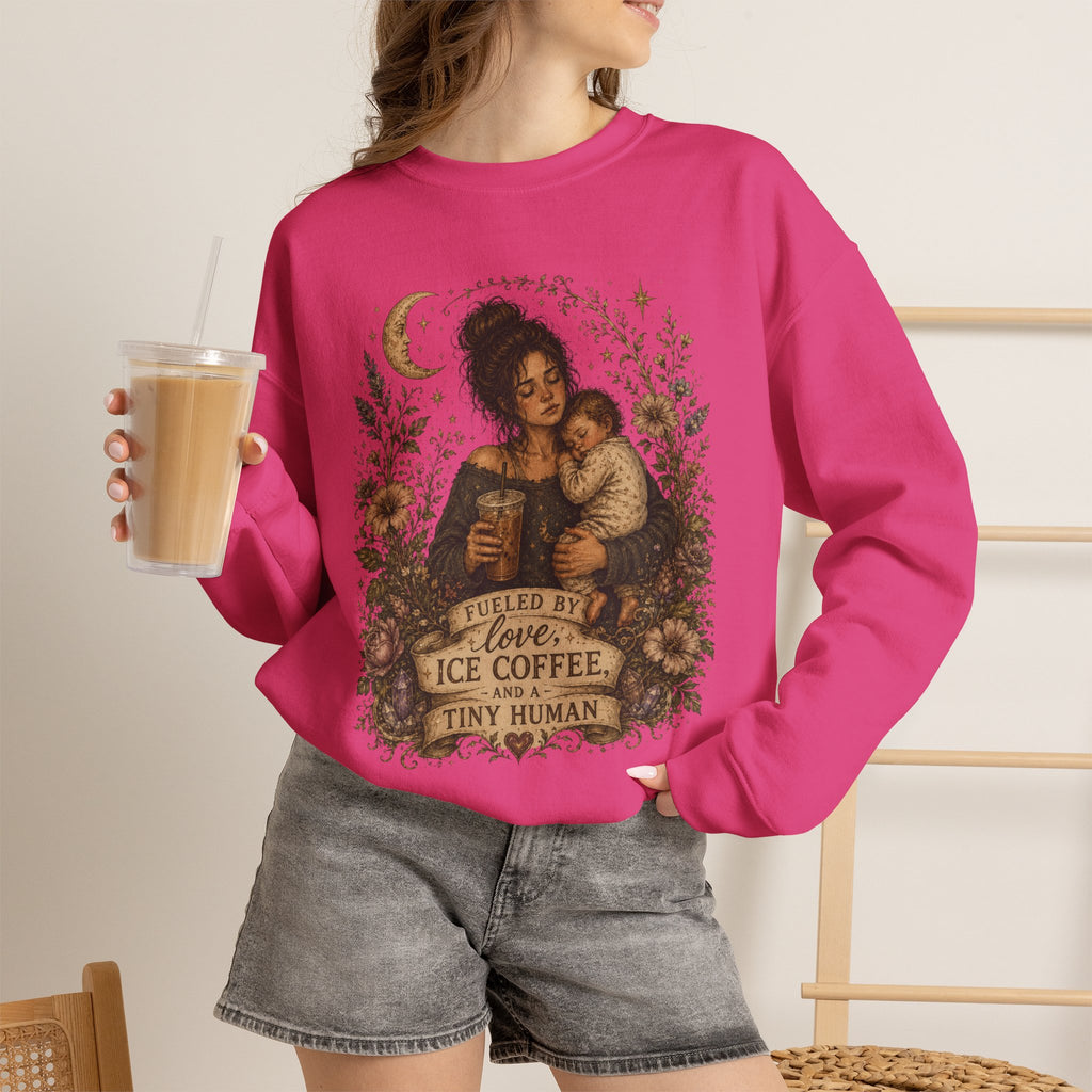 Motherhood Crewneck Sweatshirt — "Fueled by Love, Iced Coffee & a Tiny Human" Vintage Floral
