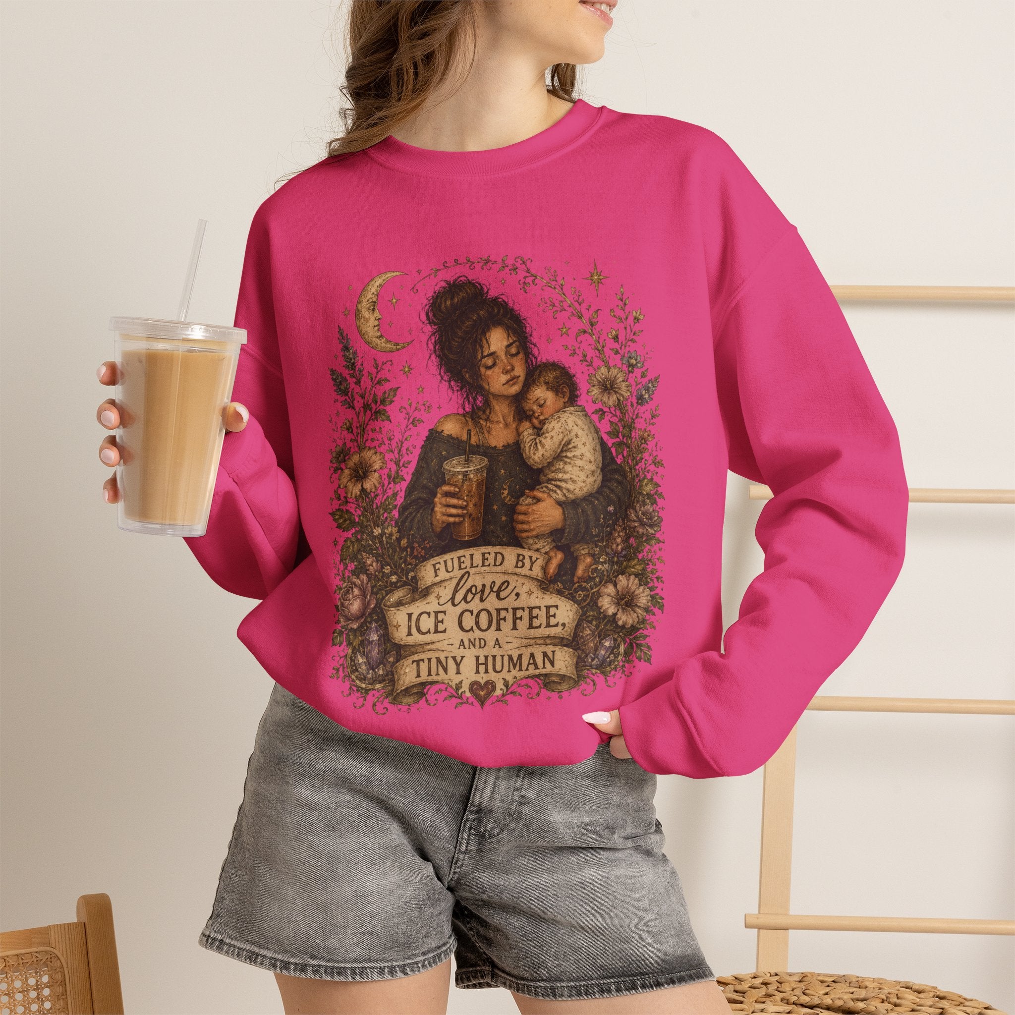 Motherhood Crewneck Sweatshirt — "Fueled by Love, Iced Coffee & a Tiny Human" Vintage Floral