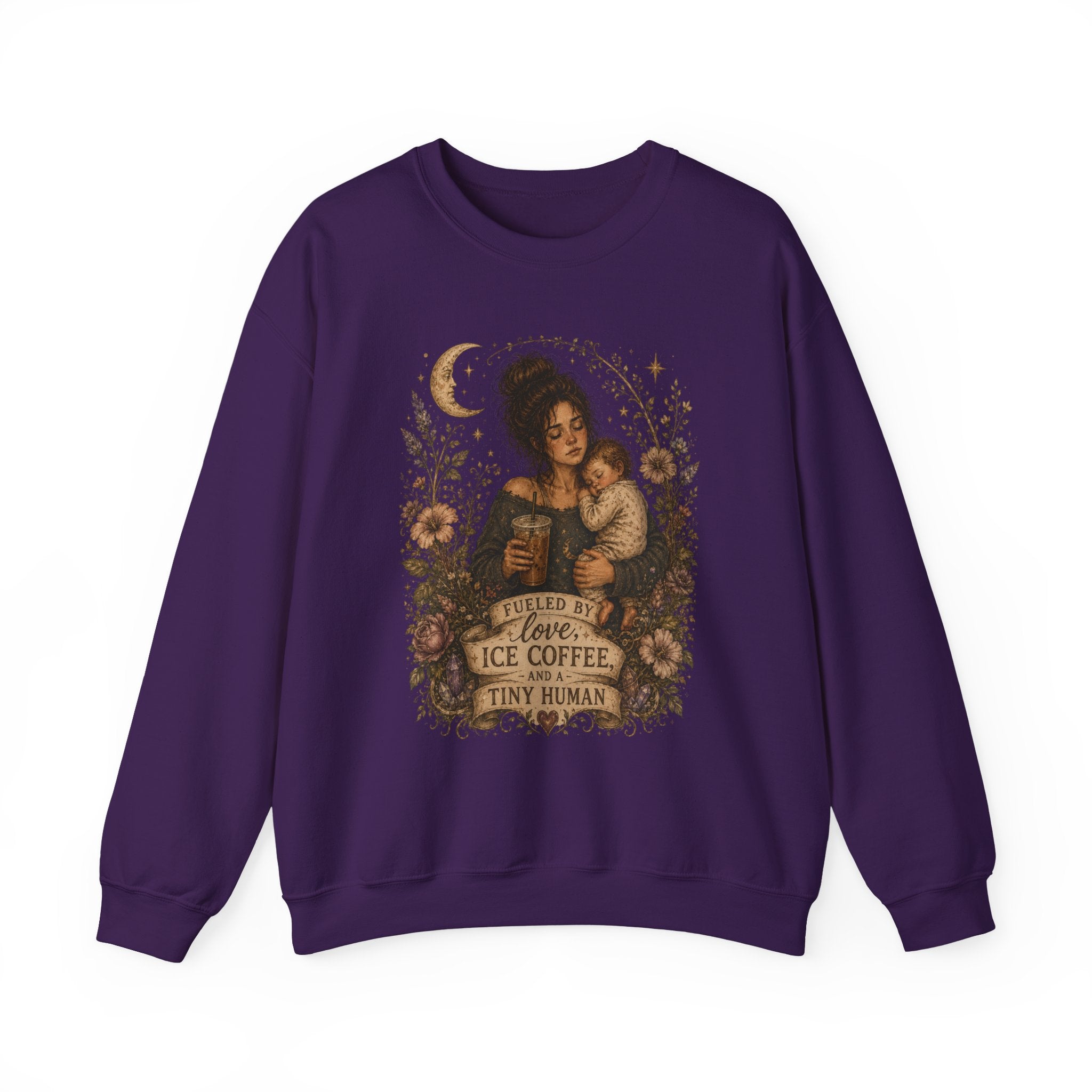 Motherhood Crewneck Sweatshirt — "Fueled by Love, Iced Coffee & a Tiny Human" Vintage Floral