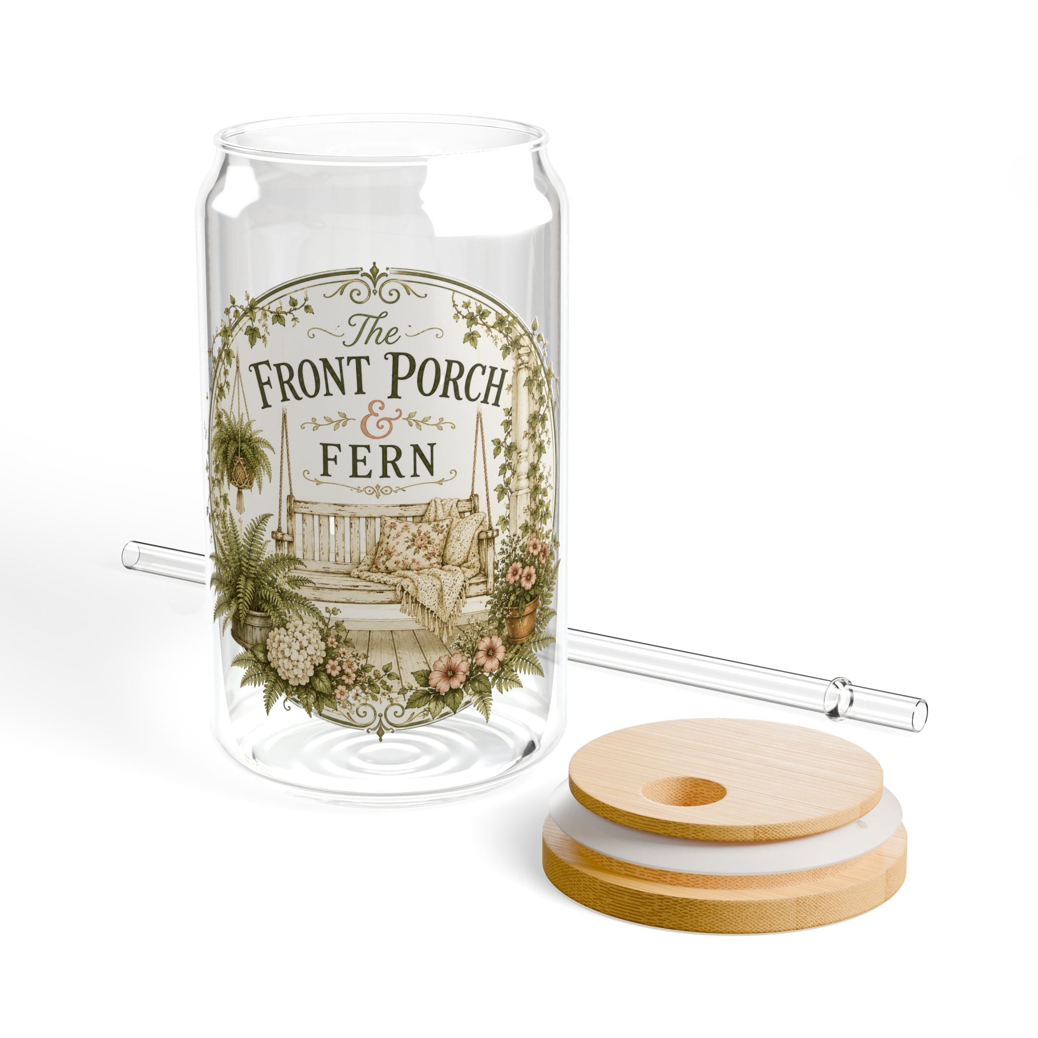 Front Porch and Fern 16oz Sipper Glass with Lid & Straw